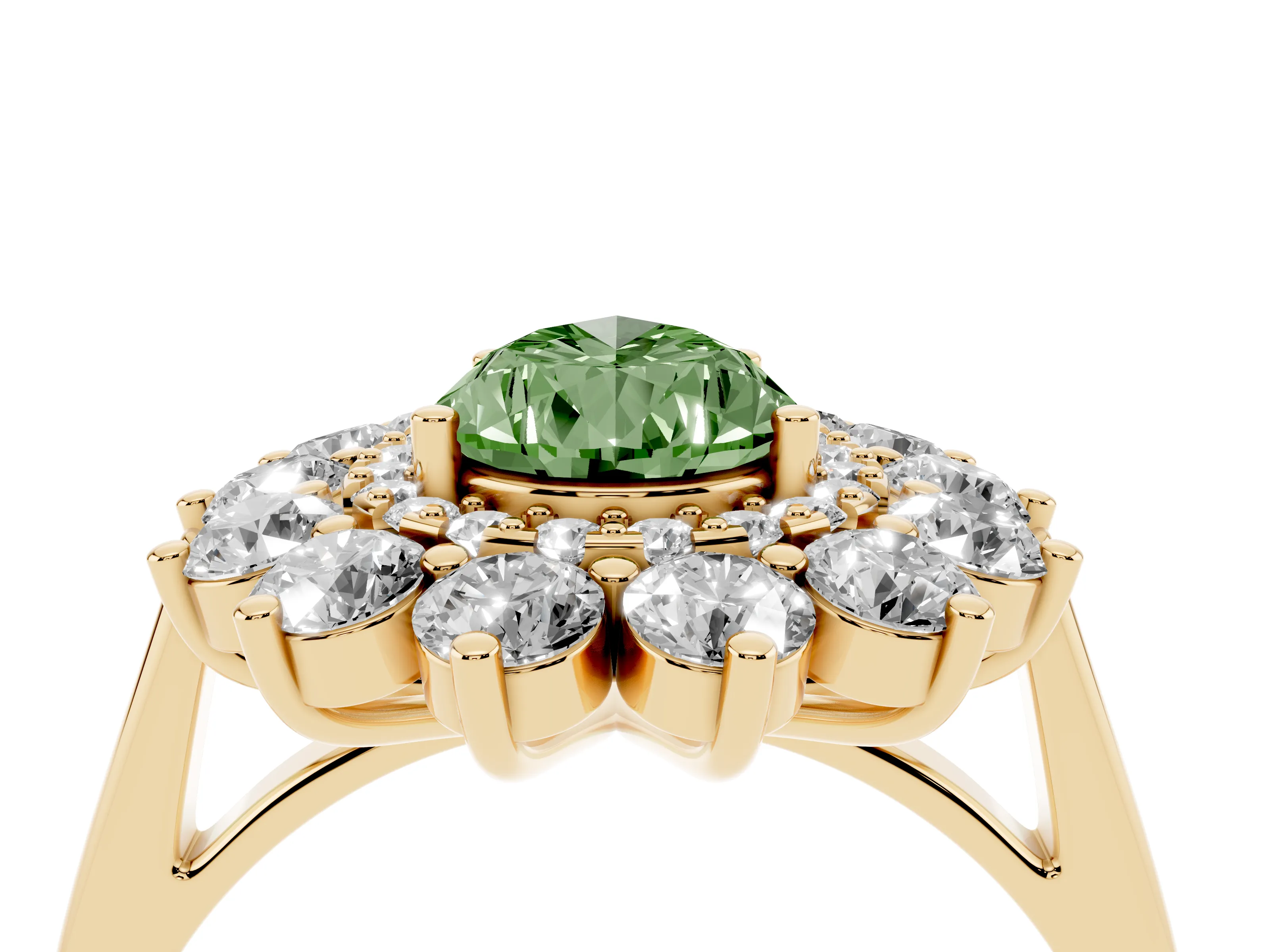 Fancy Green Pear Cut Diamond Floral Double Halo Ring Set in Yellow gold with Round Petals