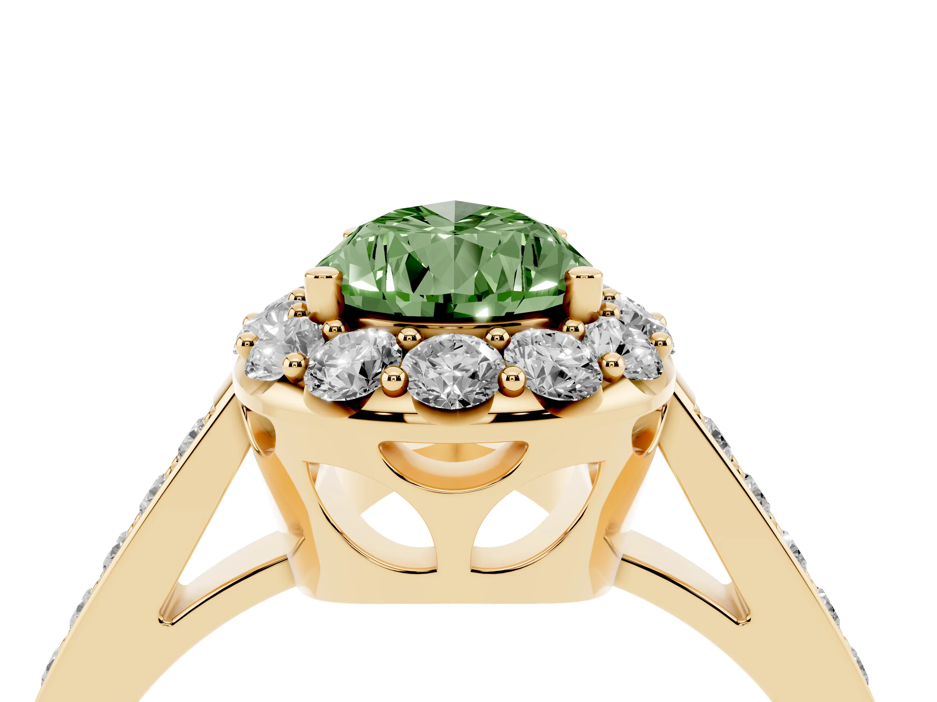 Fancy Green Pear Cut Diamond Floral Halo Ring Set in Yellow gold with Pavé Band and Prong Setting