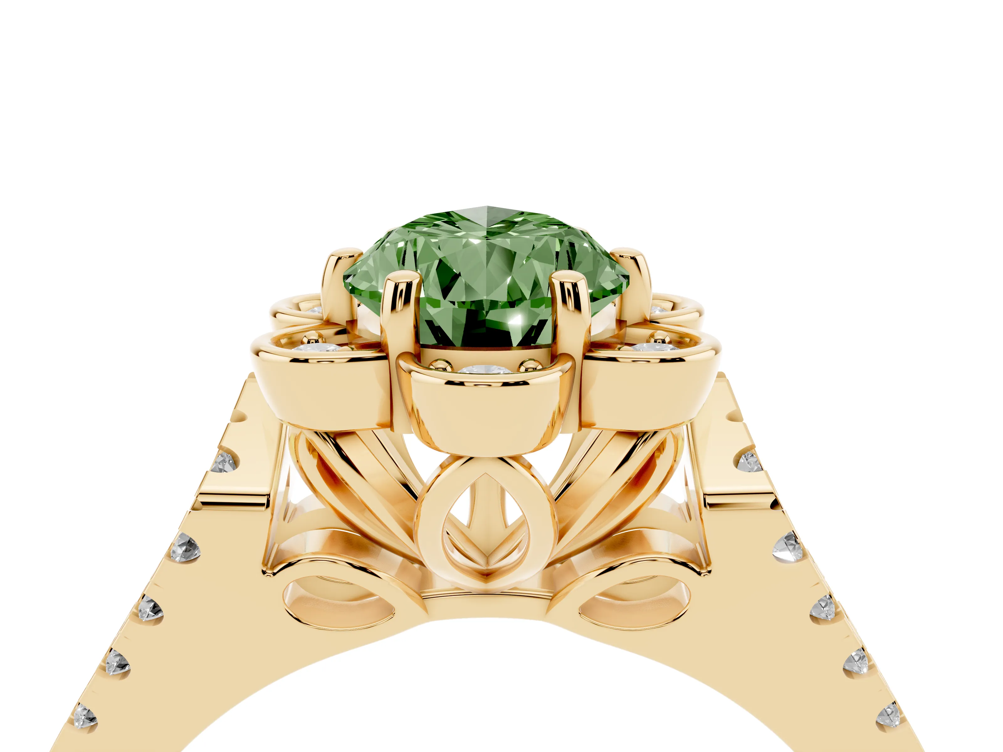 Fancy Green Pear Cut Diamond Floral Halo Split Shank Engagement Ring Set in Yellow gold with Pavé Shank