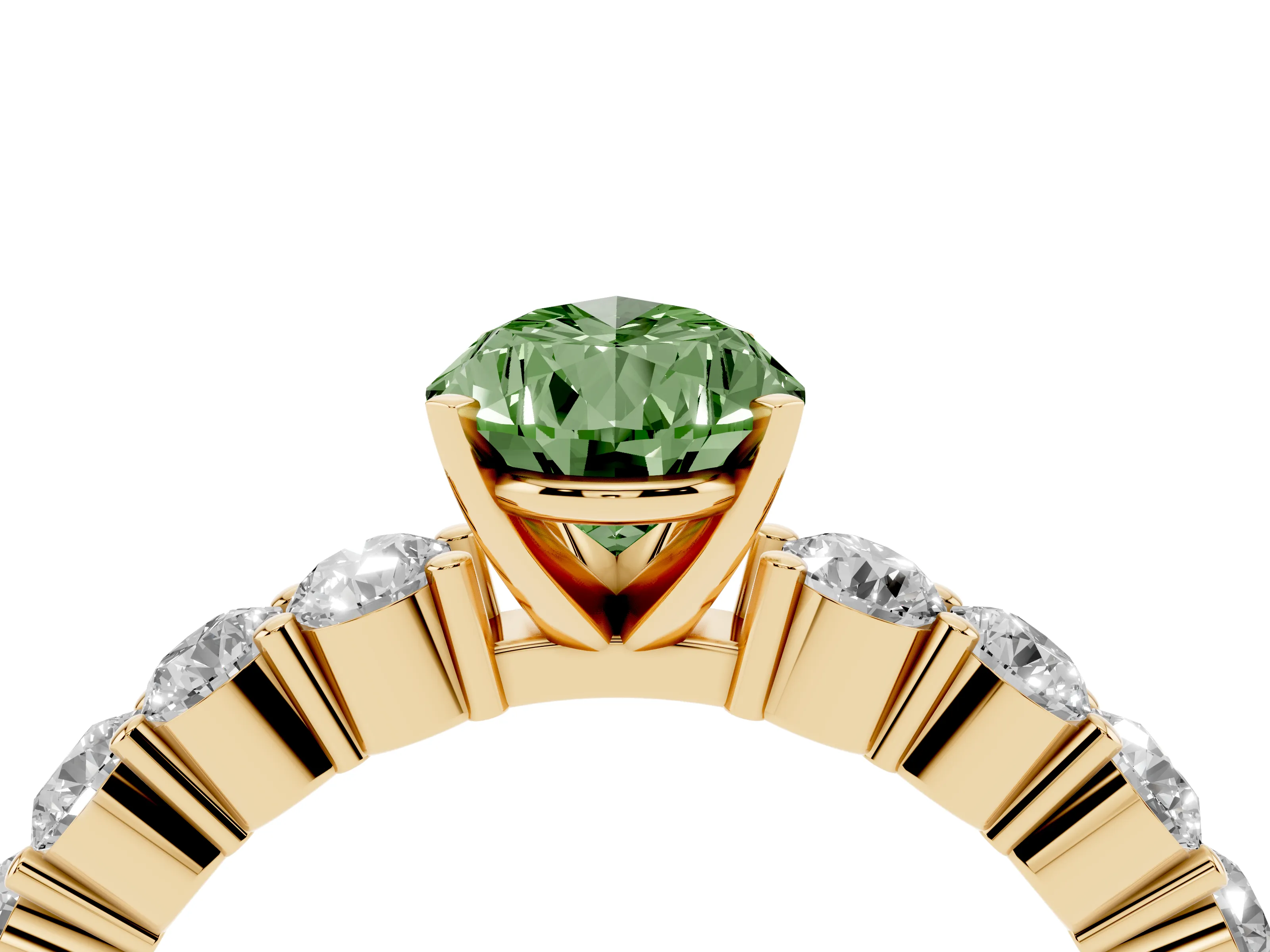 Fancy Green Pear Cut Diamond Solitaire Ring Set in Yellow gold with Shared Prong Round Side Stones