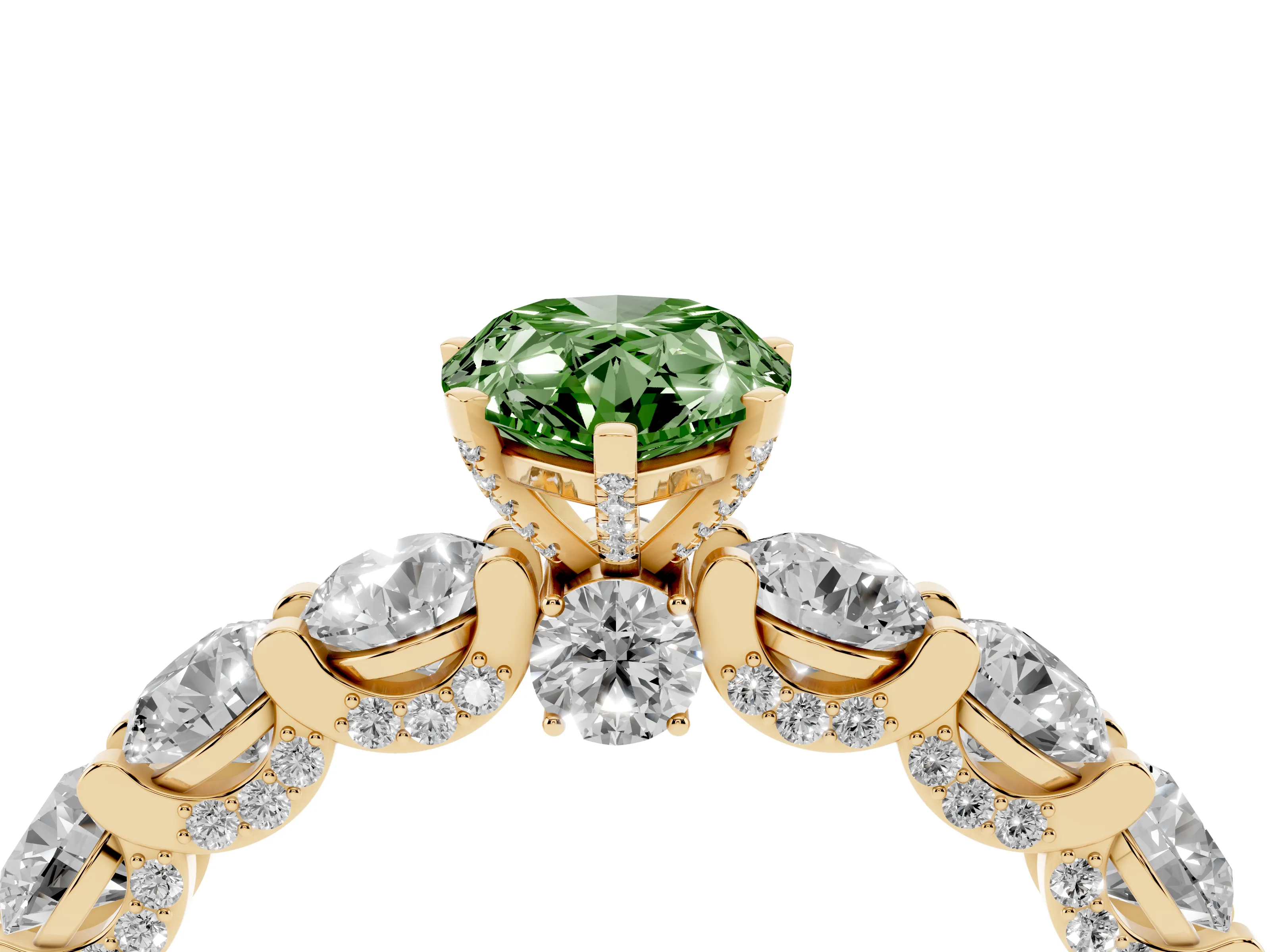 Fancy Green Pear Cut Diamond Side Stone Ring Set in Yellow gold with Alternating Round and Oval Side Stones