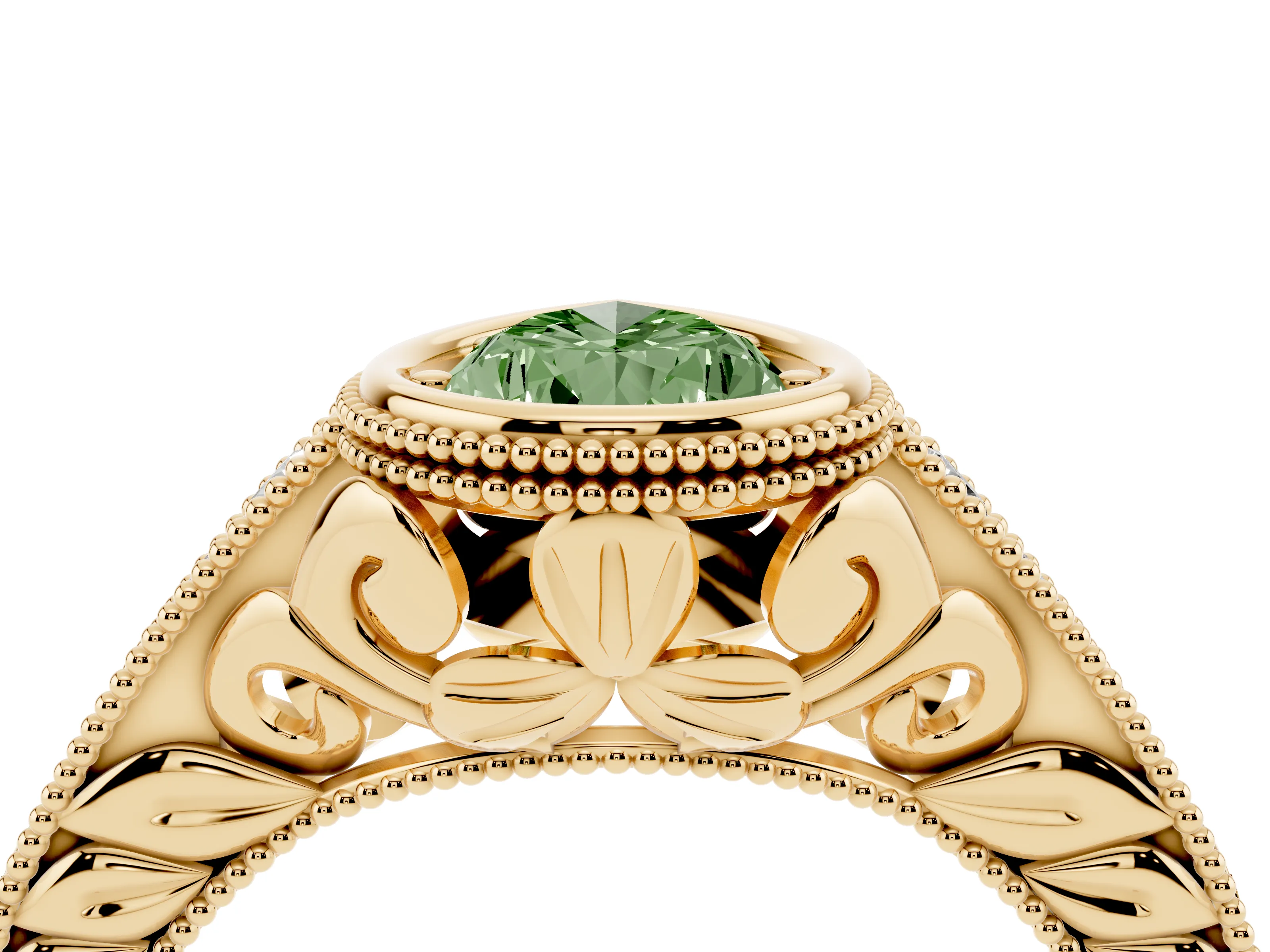 Fancy Green Bezel Set Pear Cut Diamond Milgrain Pavé Engagement Ring Set in Yellow gold