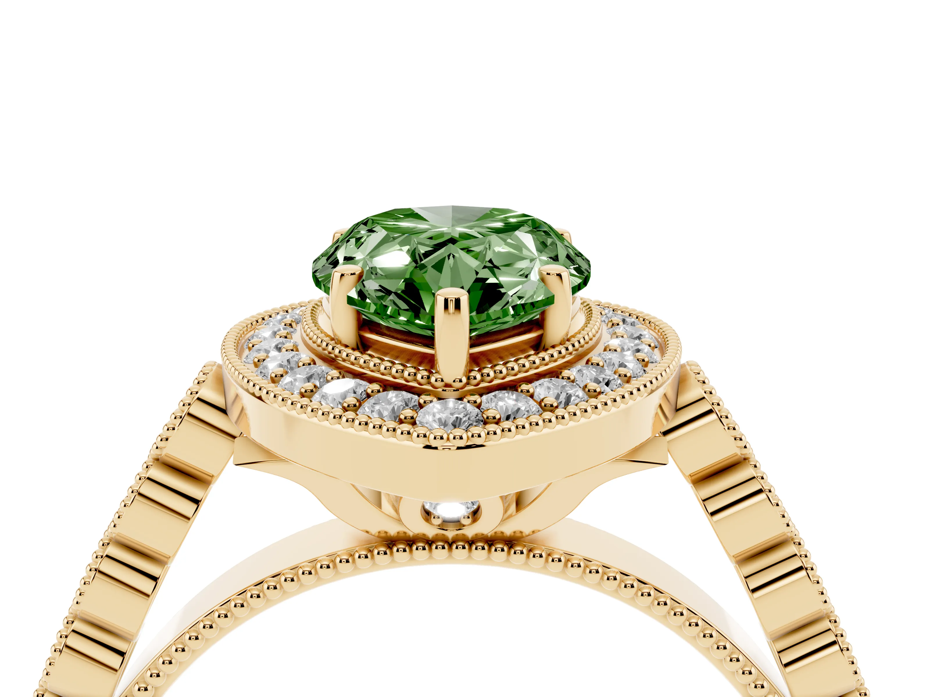Fancy Green Pear Cut Diamond Milgrain Halo Solitaire Ring Set in Yellow gold with Bezel Set Side Stones and Pavé Band