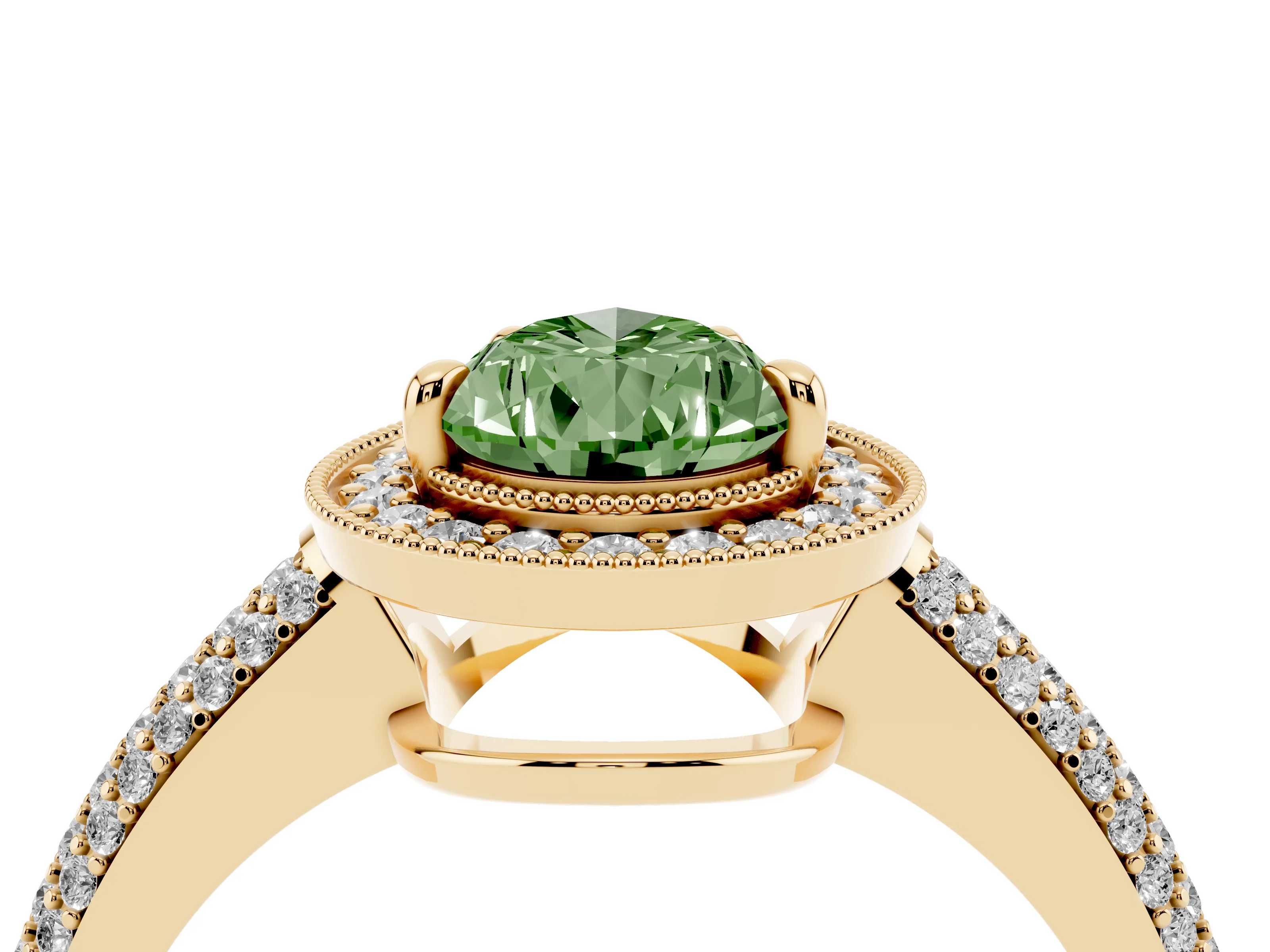 Fancy Green Pear Cut Diamond Halo Pavé Band Set in Yellow gold with Prong Setting