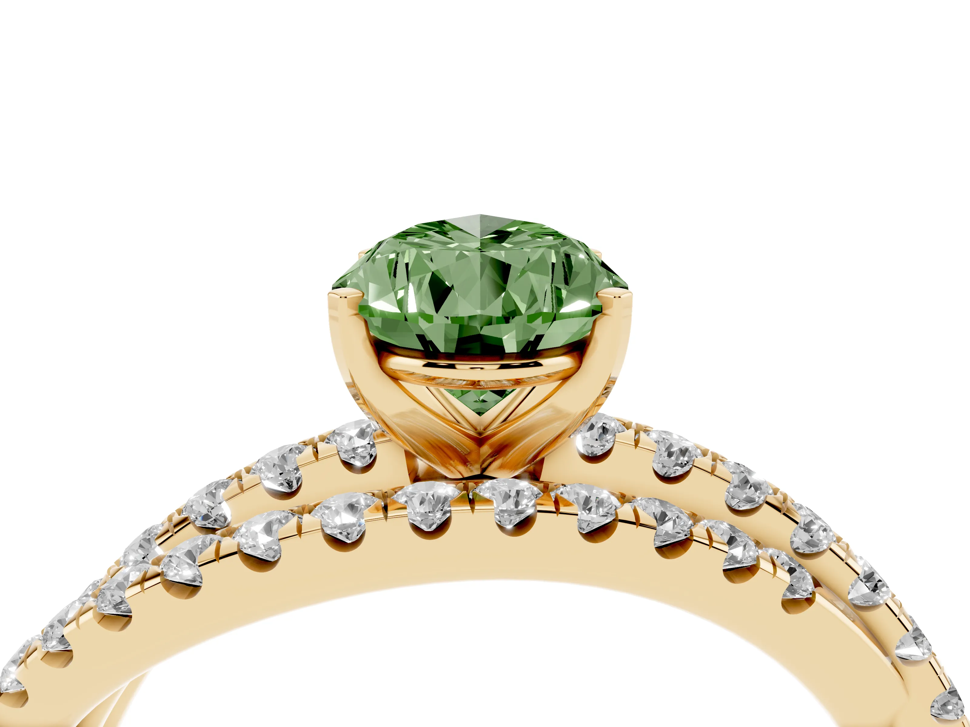 Fancy Green Pear Cut Diamond Solitaire Twist Band Ring Set in Yellow gold with Pavé Setting and Prong Head