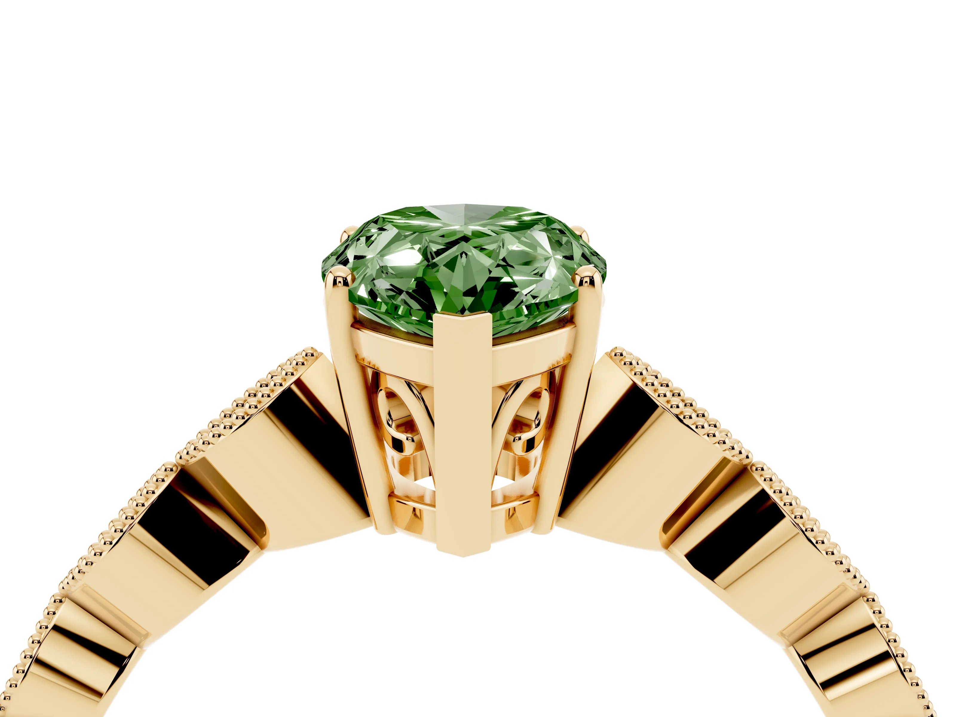 Fancy Green Pear Cut Diamond Solitaire Ring Set in Yellow gold with Infinity Twist Pavé Band