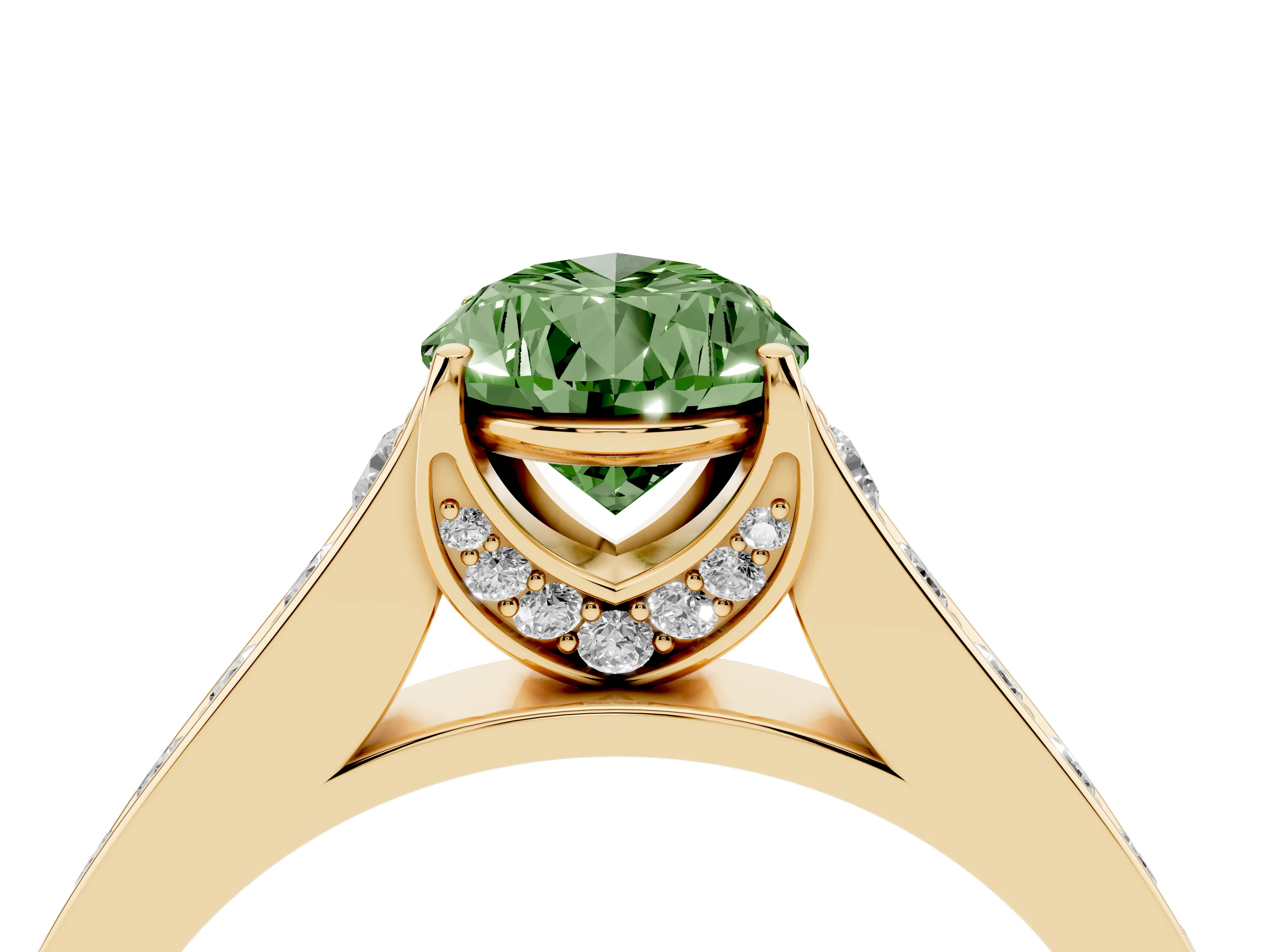 Fancy Green Pear Cut Diamond Solitaire Pavé Engagement Ring Set in Yellow gold with Prong Setting