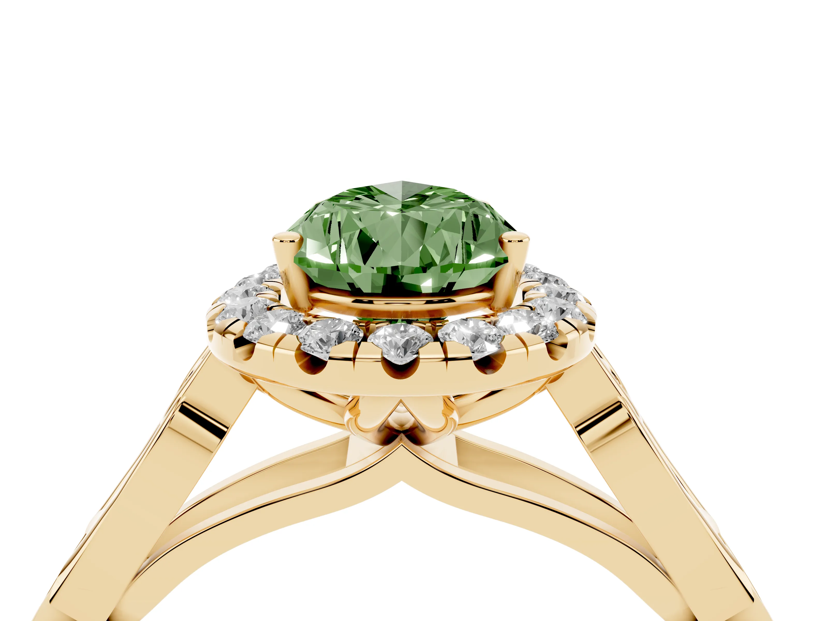 Fancy Green Pear Cut Diamond Halo Engagement Ring Set in Yellow gold with Filigree Band and Prong-Set Center
