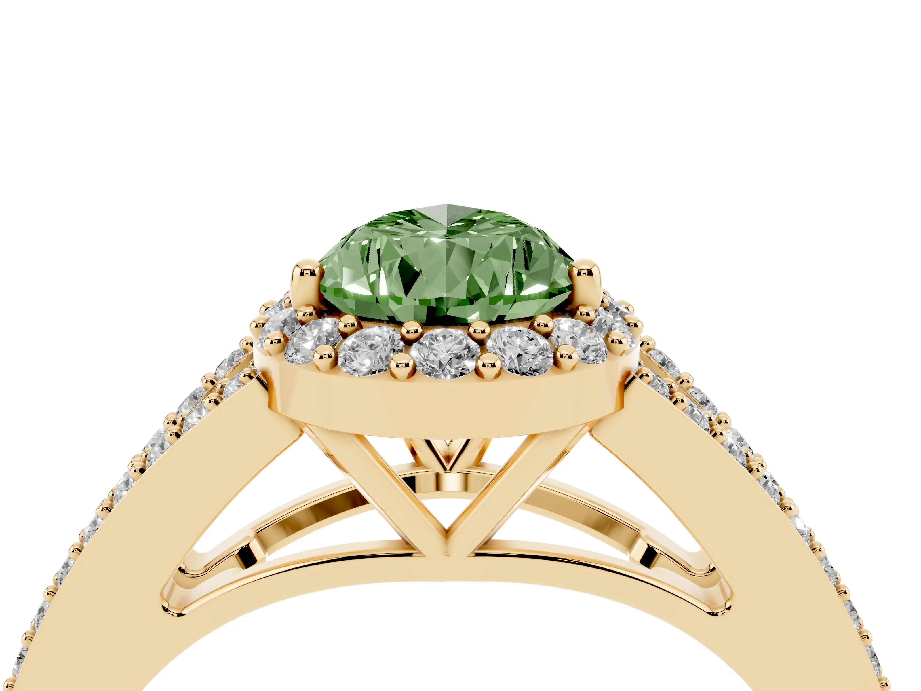 Fancy Green Pear Cut Diamond Halo Split Shank Pavé Ring Set in Yellow gold with Prong Setting