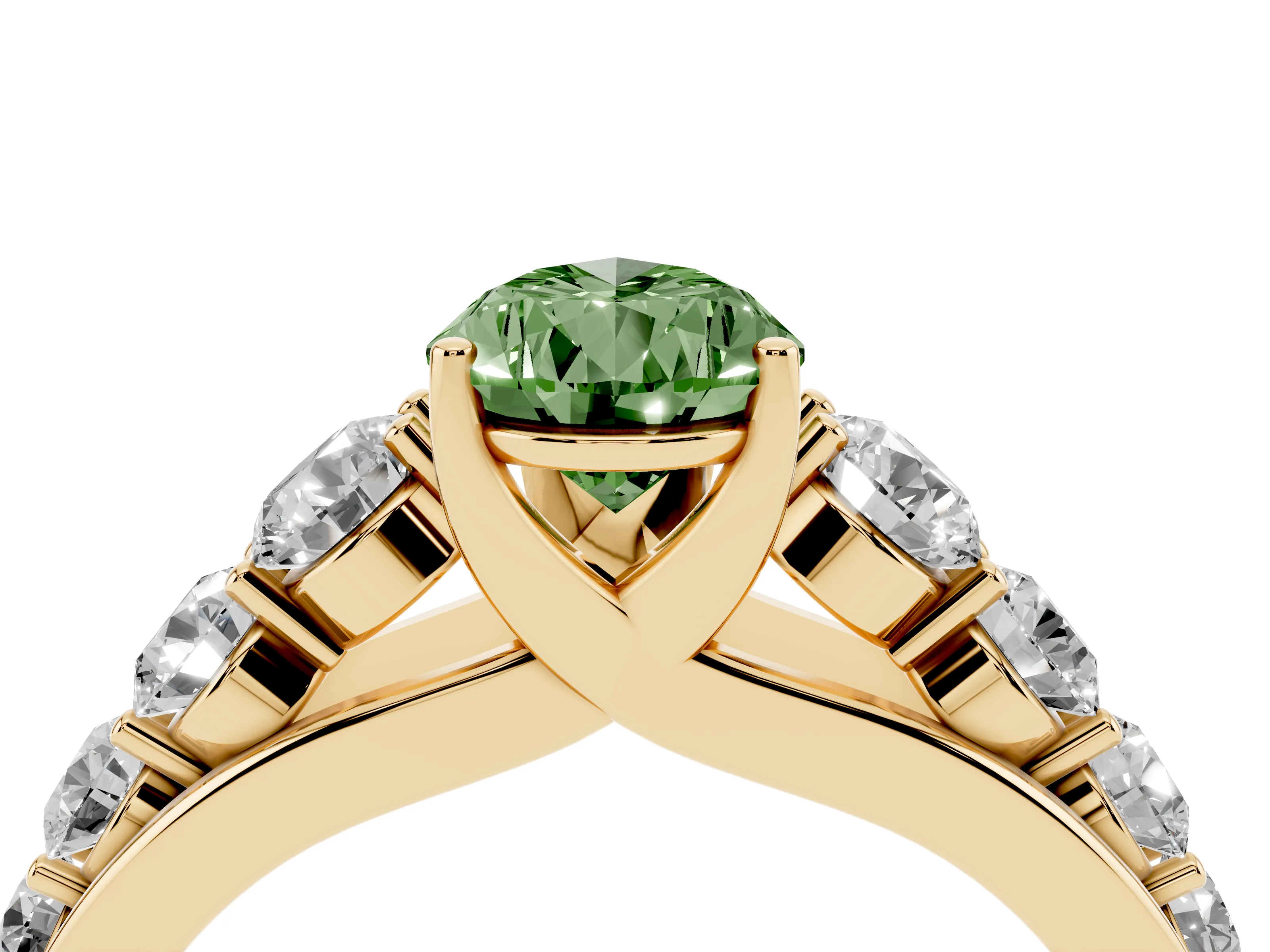 Fancy Green Pear Cut Diamond Solitaire Ring Set in Yellow gold with Pavé-Set Band and Prong Setting