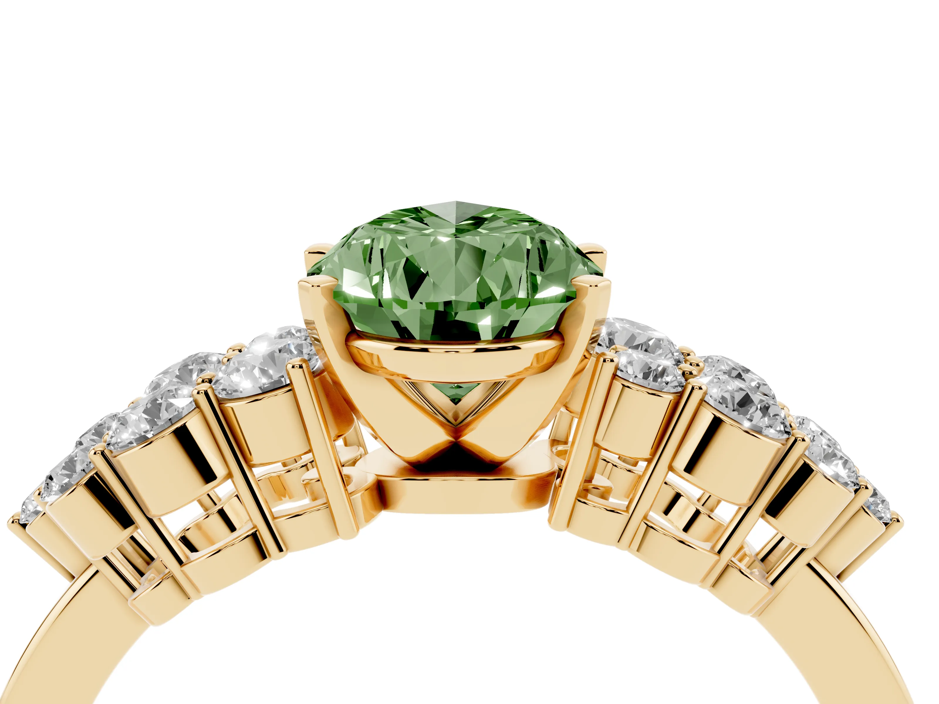 Fancy Green Pear Cut Diamond Cluster Engagement Ring Set in Yellow gold with Pavé Band and Prong Setting