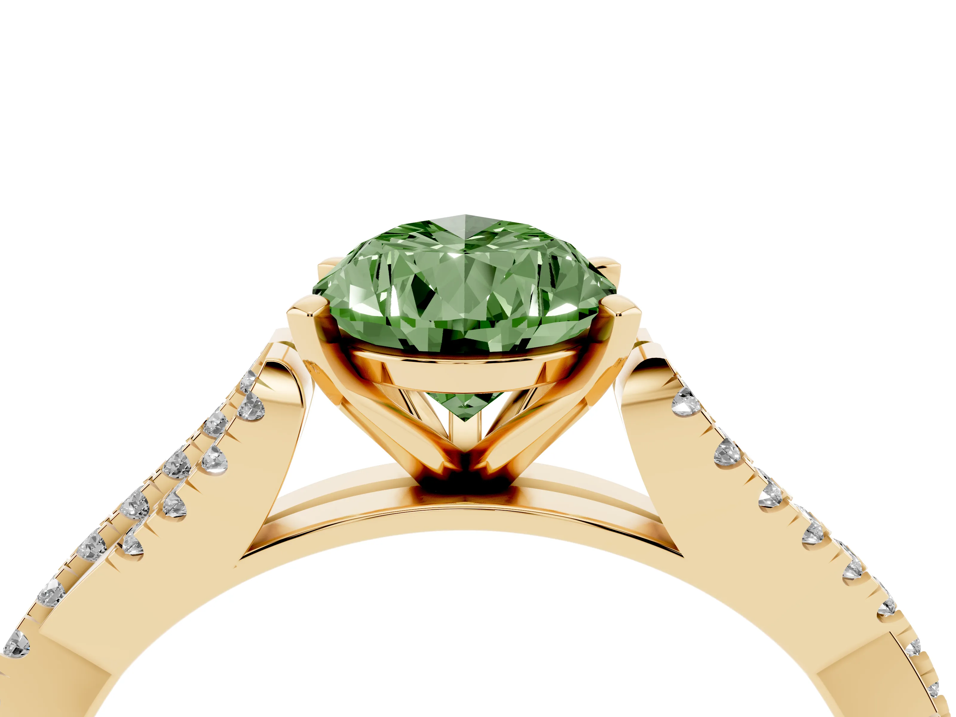 Fancy Green Pear Cut Diamond Solitaire Engagement Ring Set in Yellow gold with Twisted Pavé Band and Prong Setting