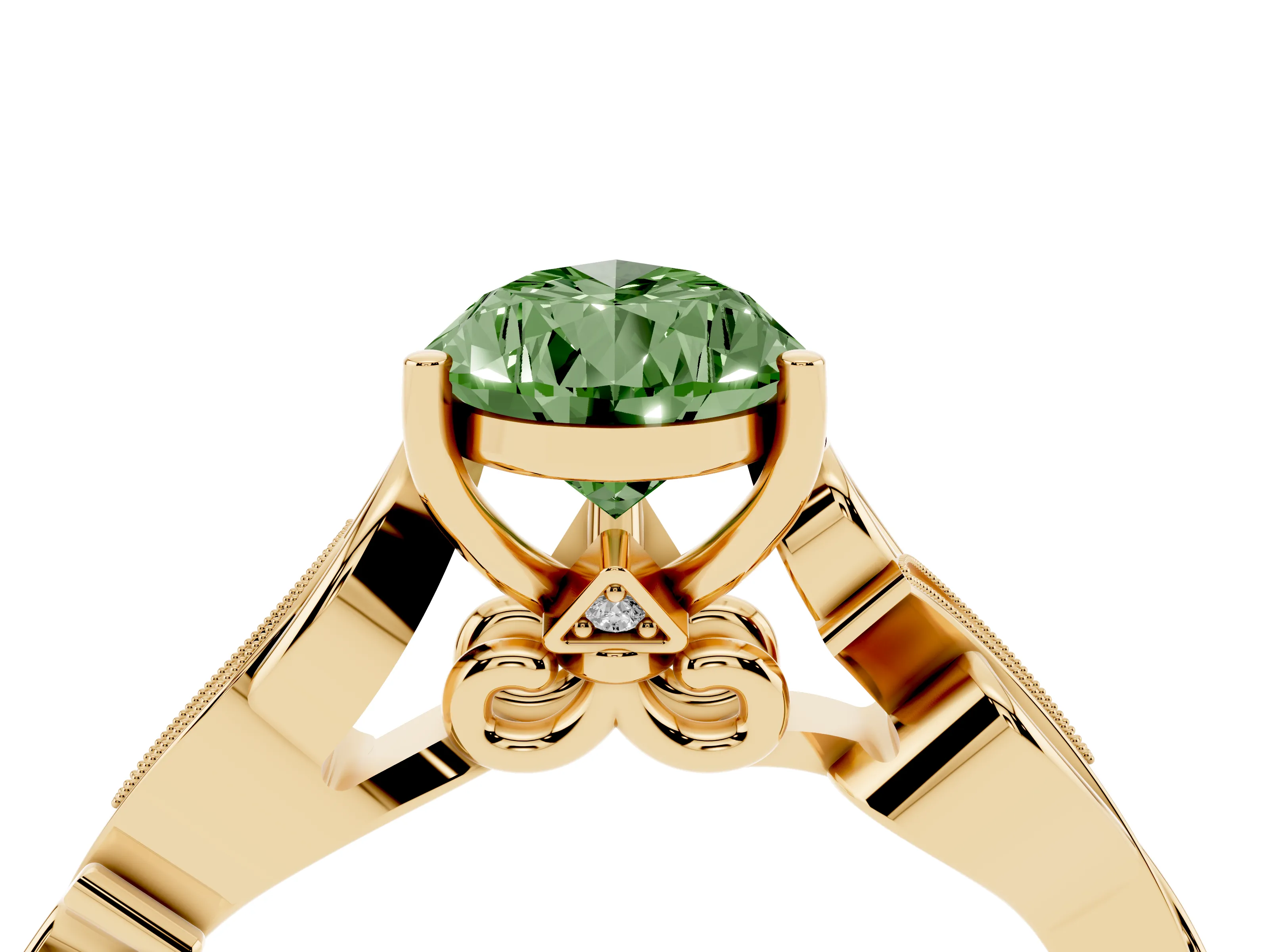 Fancy Green Pear Cut Diamond Vine Band Solitaire Ring Set in Yellow gold with Milgrain Prong Setting