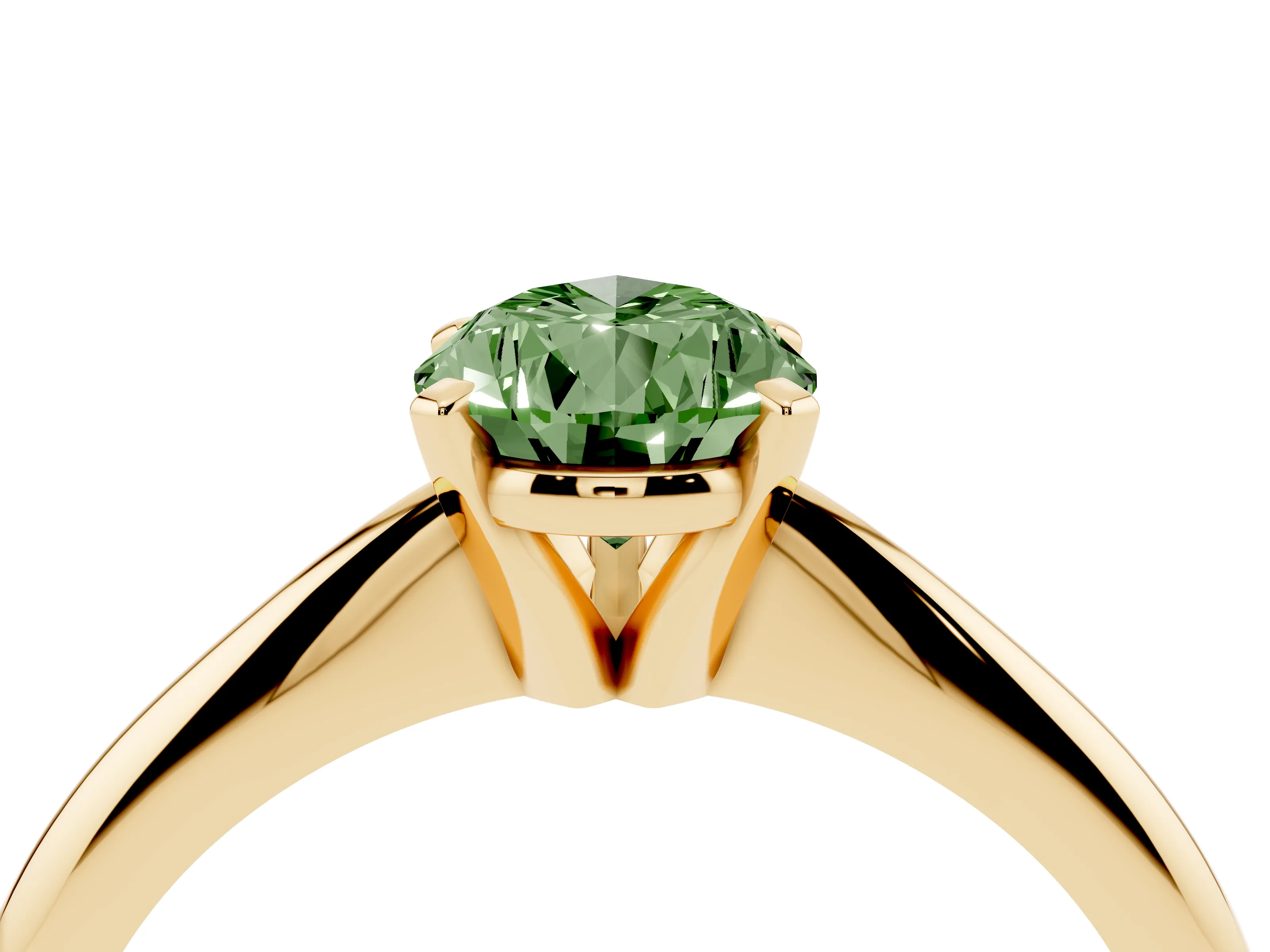 Fancy Green Pear Cut Diamond Solitaire Ring Set in Yellow gold with Prong Setting on a Plain Round Band