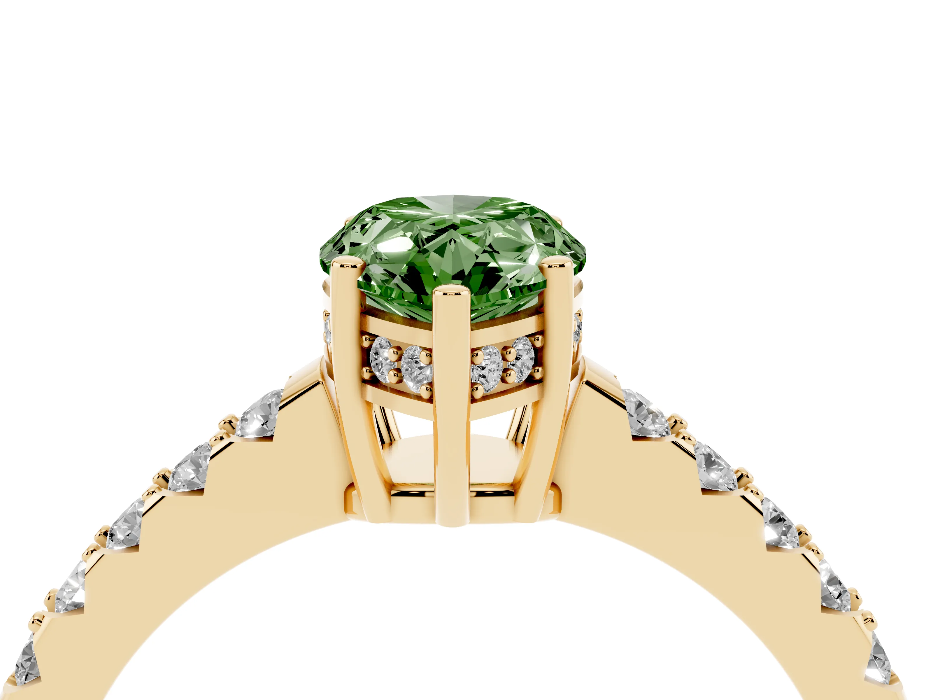 Fancy Green Pear Cut Diamond Solitaire Engagement Ring Set in Yellow gold with Pavé Band and Prong Setting