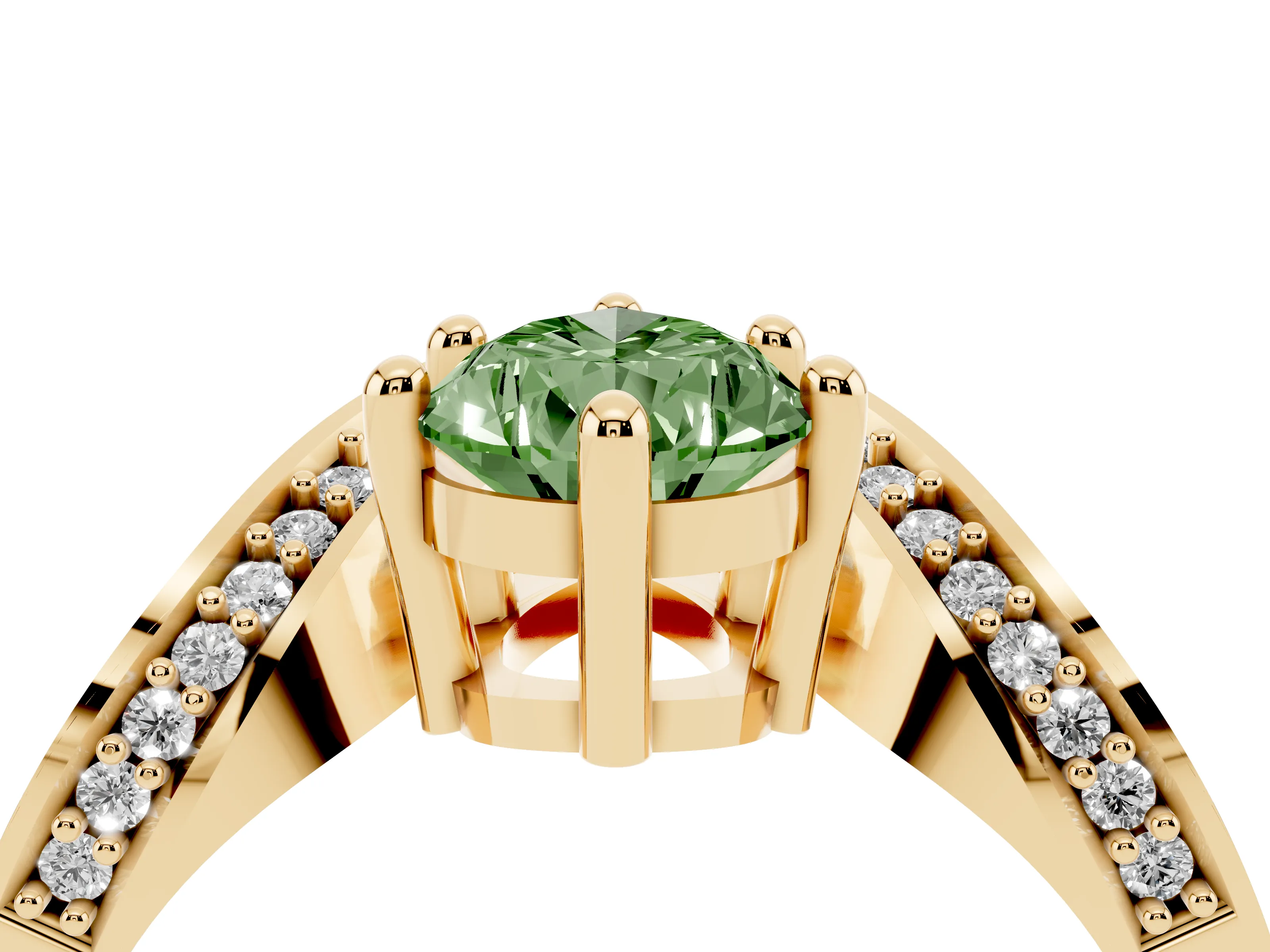 Fancy Green Pear Cut Diamond Solitaire Engagement Ring Set in Yellow gold with Pavé Shoulders
