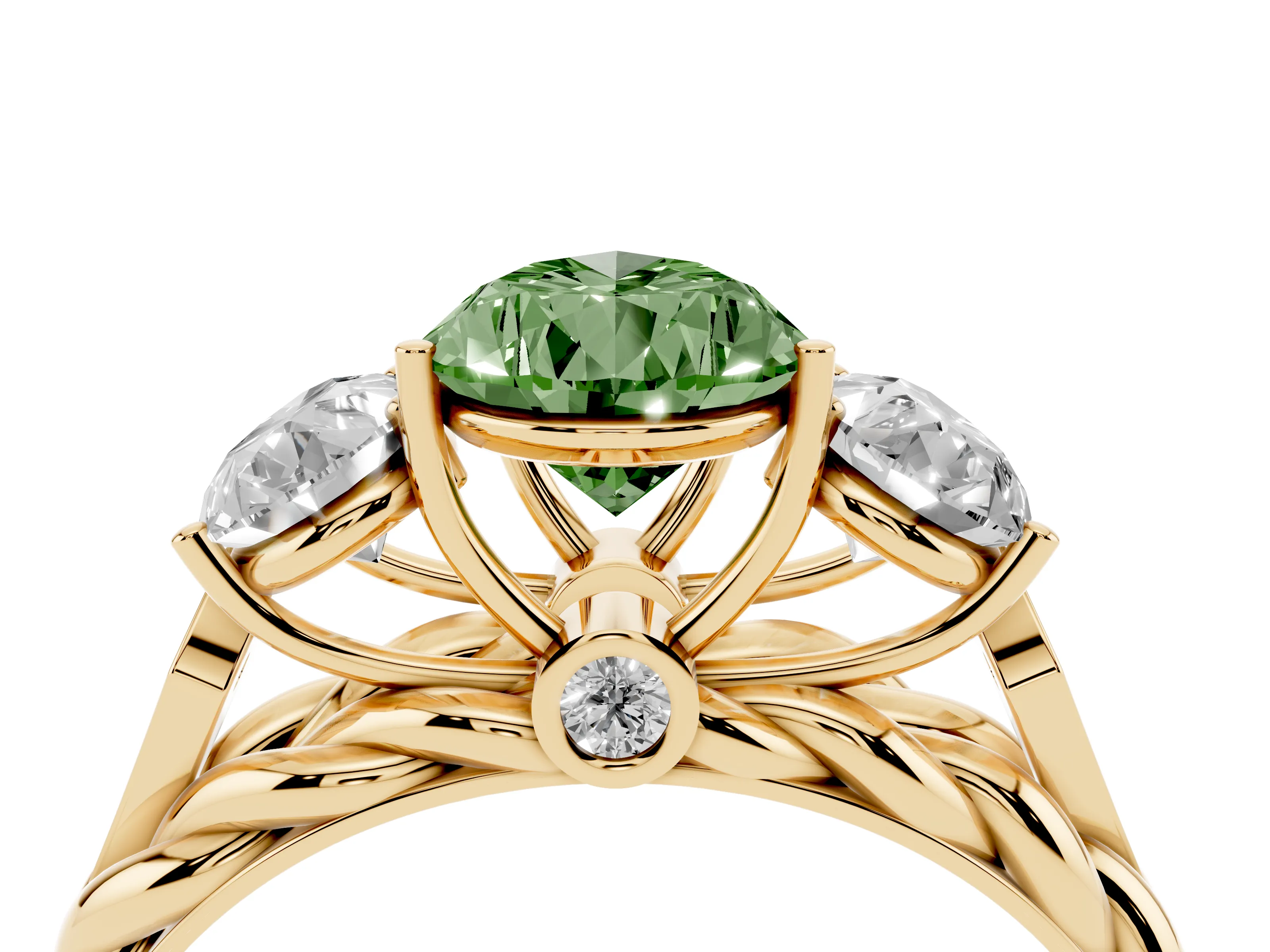Fancy Green Pear Cut Diamond Three-Stone Ring Set in Yellow gold with Braided Band