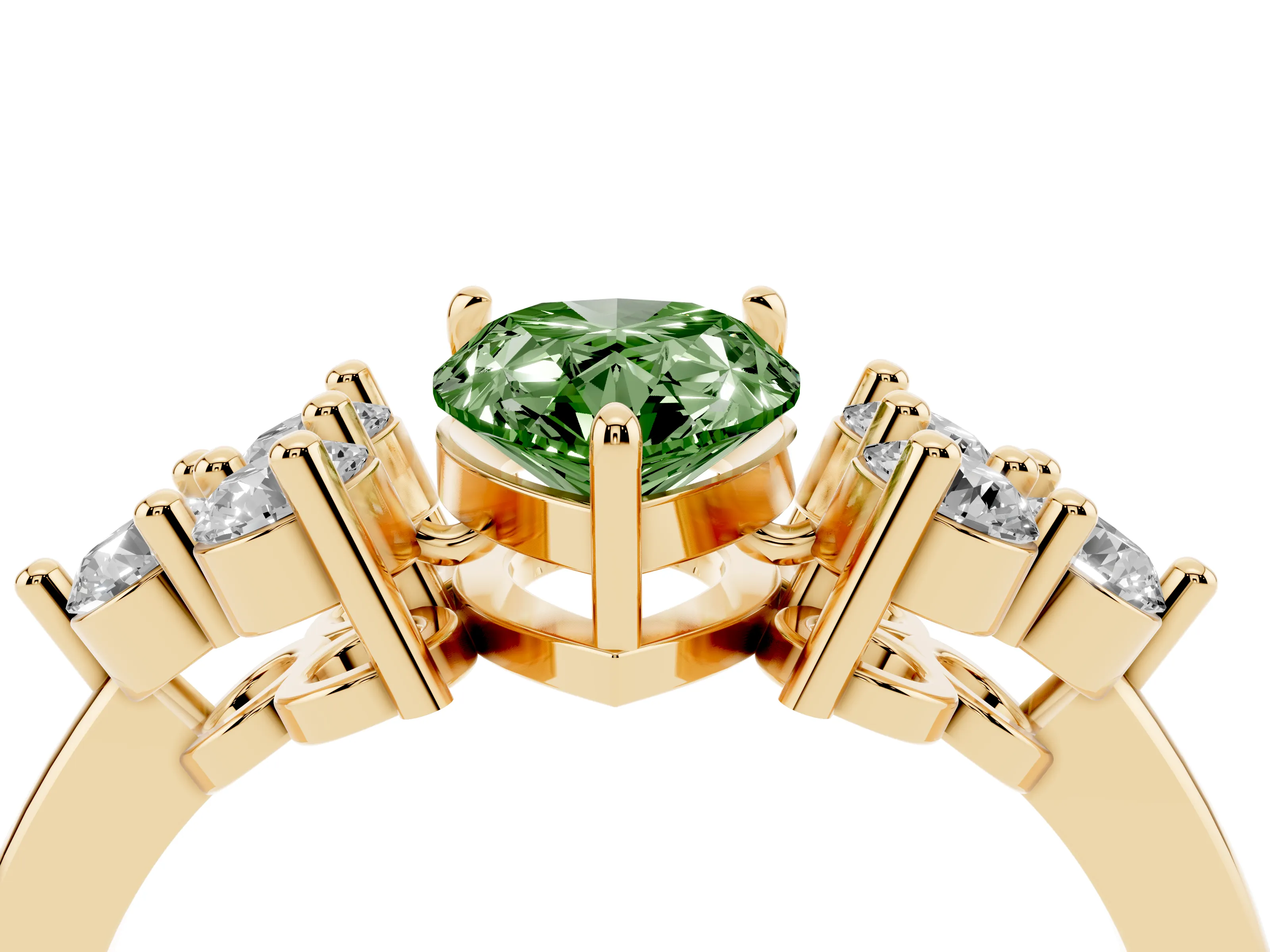 Fancy Green Pear Cut Diamond Solitaire Ring Set in Yellow gold with Cluster Accents on Each Side