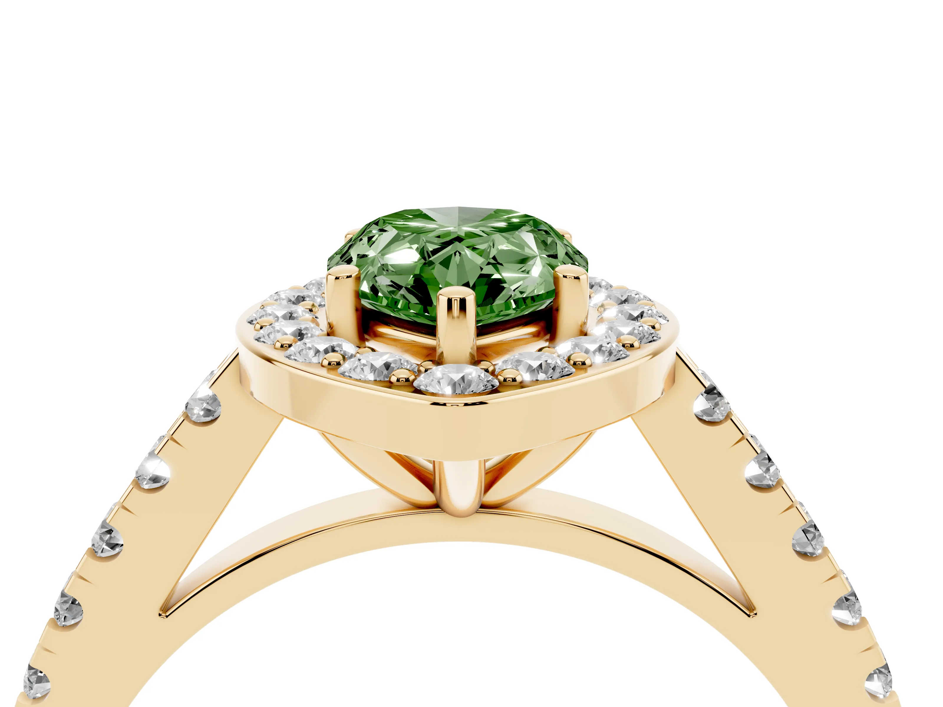 Fancy Green Pear Cut Diamond Halo Ring Set in Yellow gold with Round Pavé Split Shank and Prong Setting