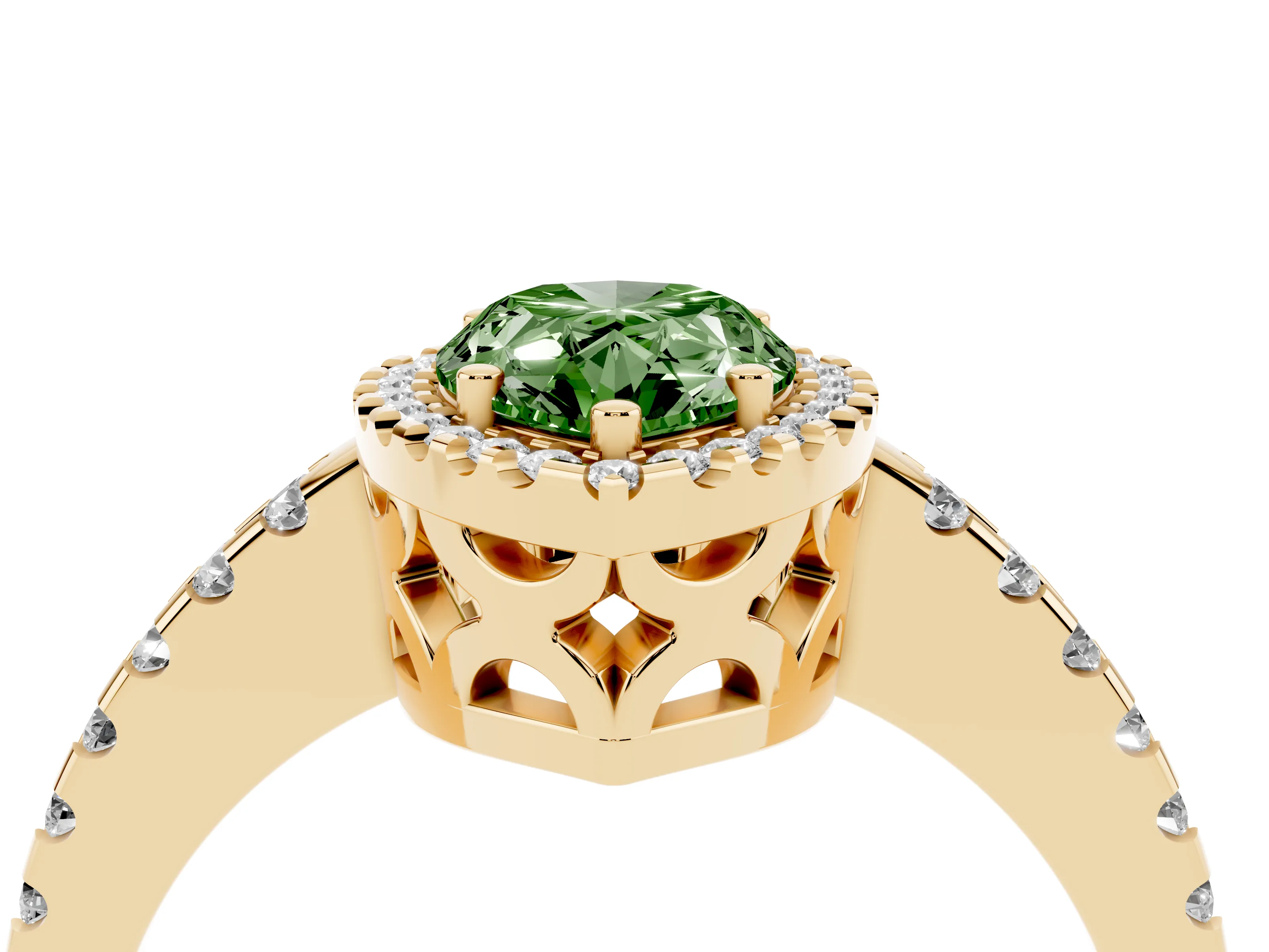 Fancy Green Pear Cut Diamond Halo Ring Set in Yellow gold with Pavé Shoulders and Halo-Framed Center