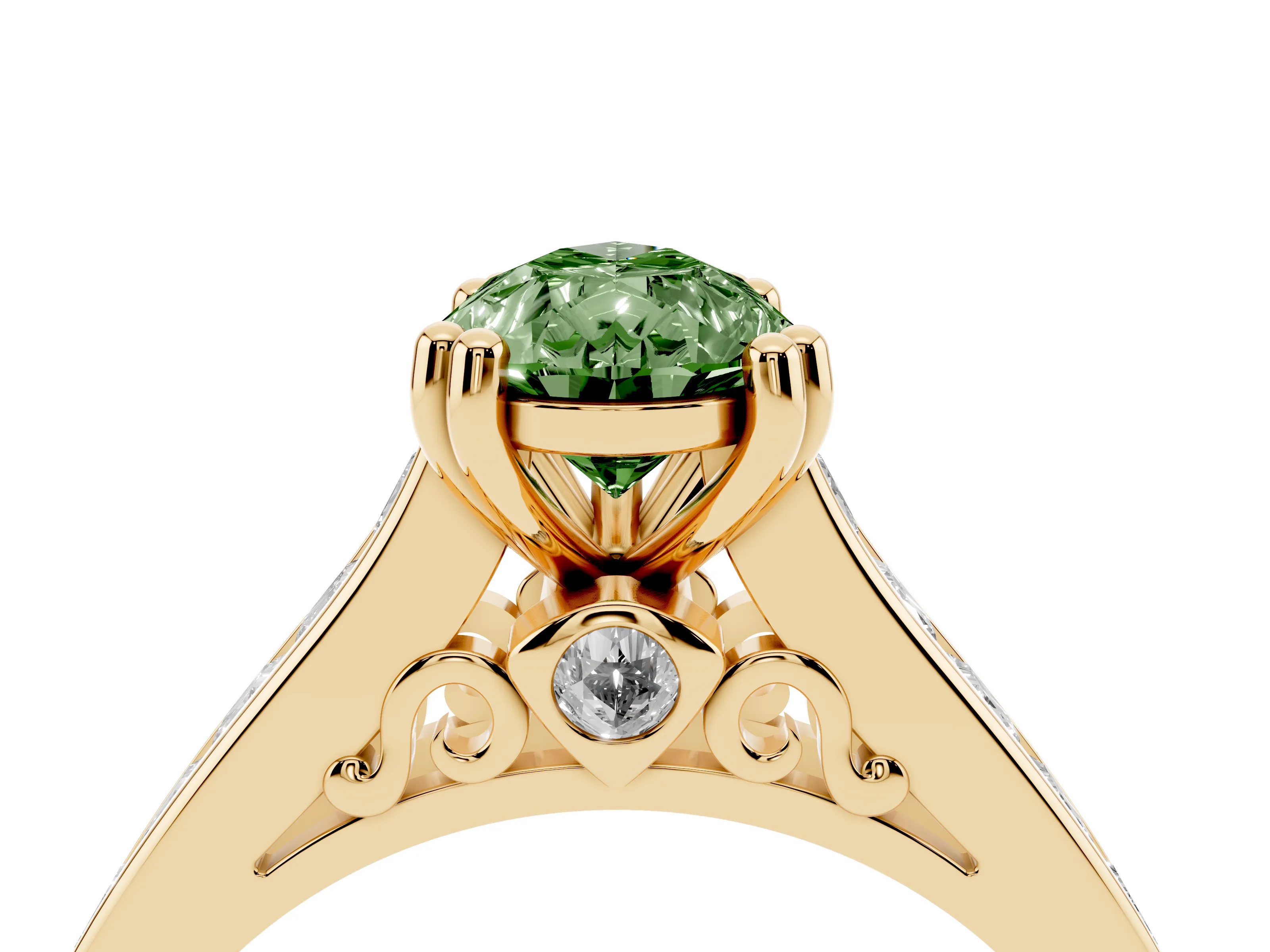 Fancy Green Pear Cut Diamond Channel Set Solitaire Engagement Ring Set in Yellow gold with Prong Setting