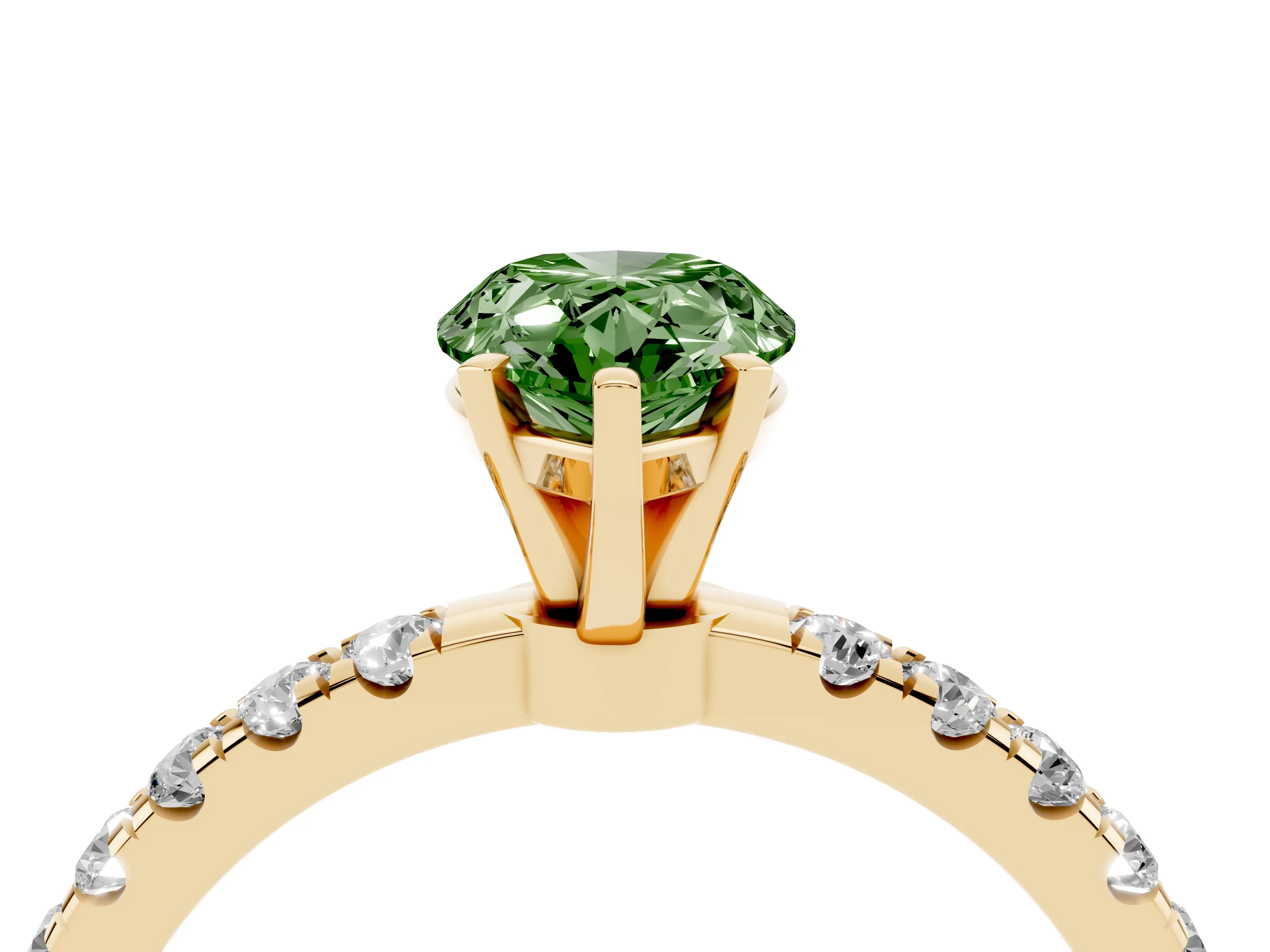 Fancy Green Pear Cut Diamond Solitaire Ring Set in Yellow gold with Pavé Accents and Prong Setting