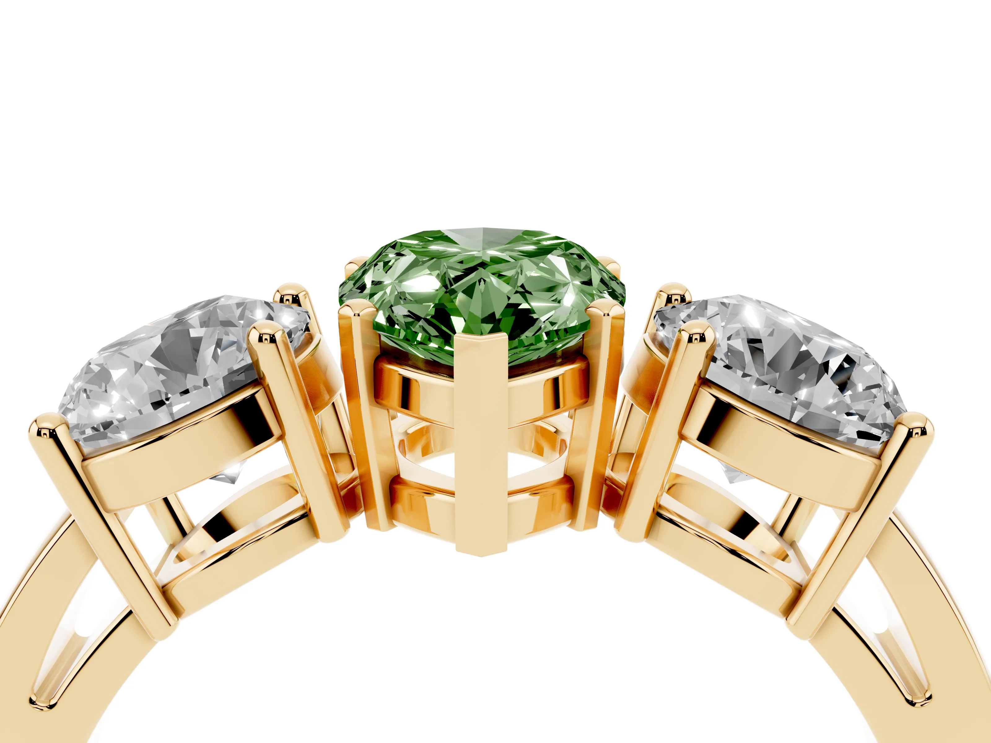 Fancy Green Pear Cut Diamond Three-Stone Ring Set in Yellow gold with Round Side Stones and Classic Band