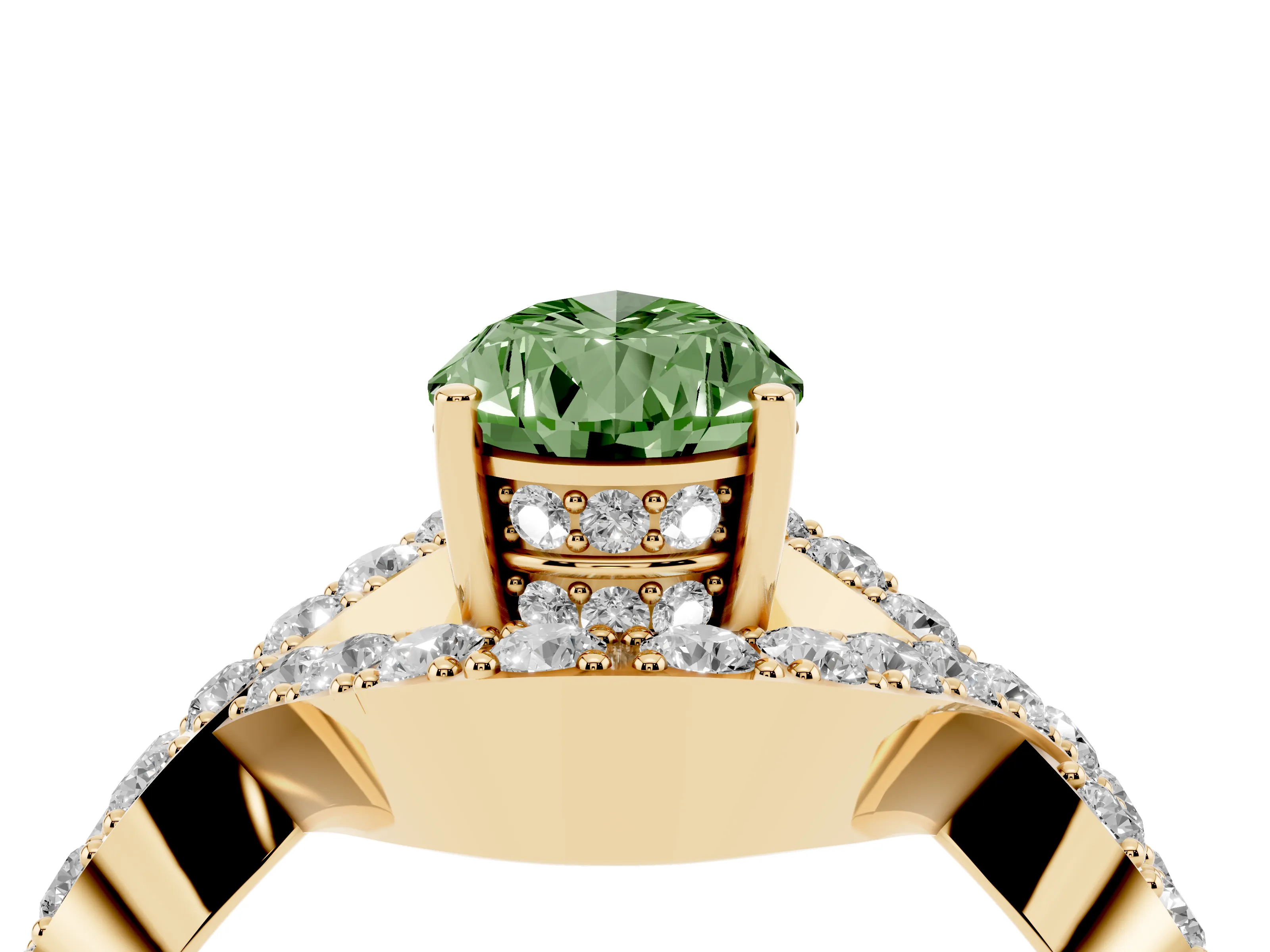Fancy Green Pear Cut Diamond Solitaire Twist Band Pavé Engagement Ring Set in Yellow gold