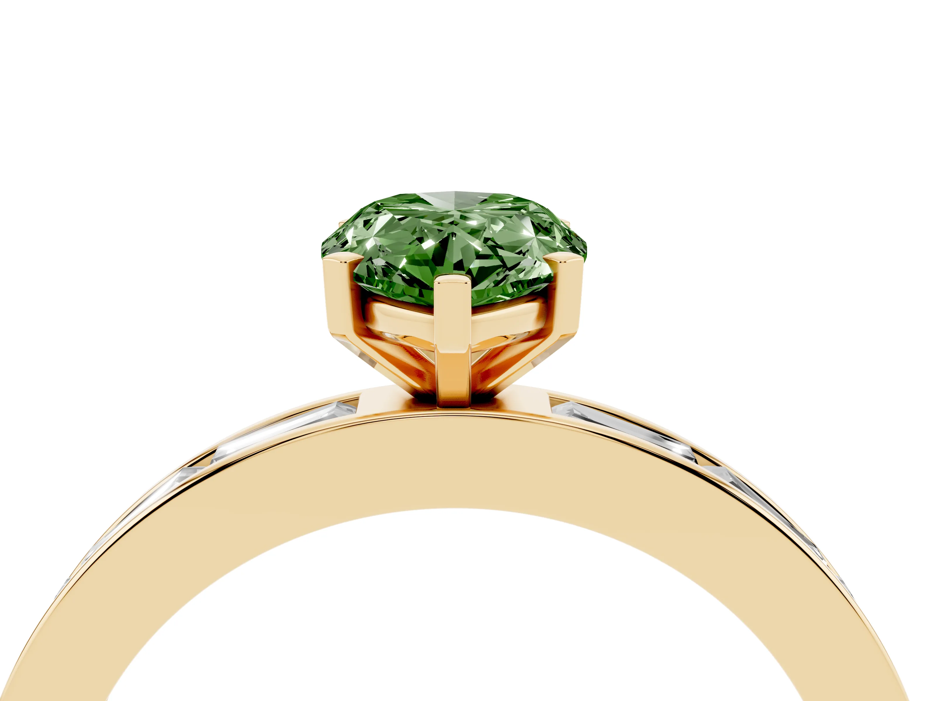 Fancy Green Pear Cut Diamond Solitaire Ring Set in Yellow gold with Channel-Set Baguette Band and Prong Setting