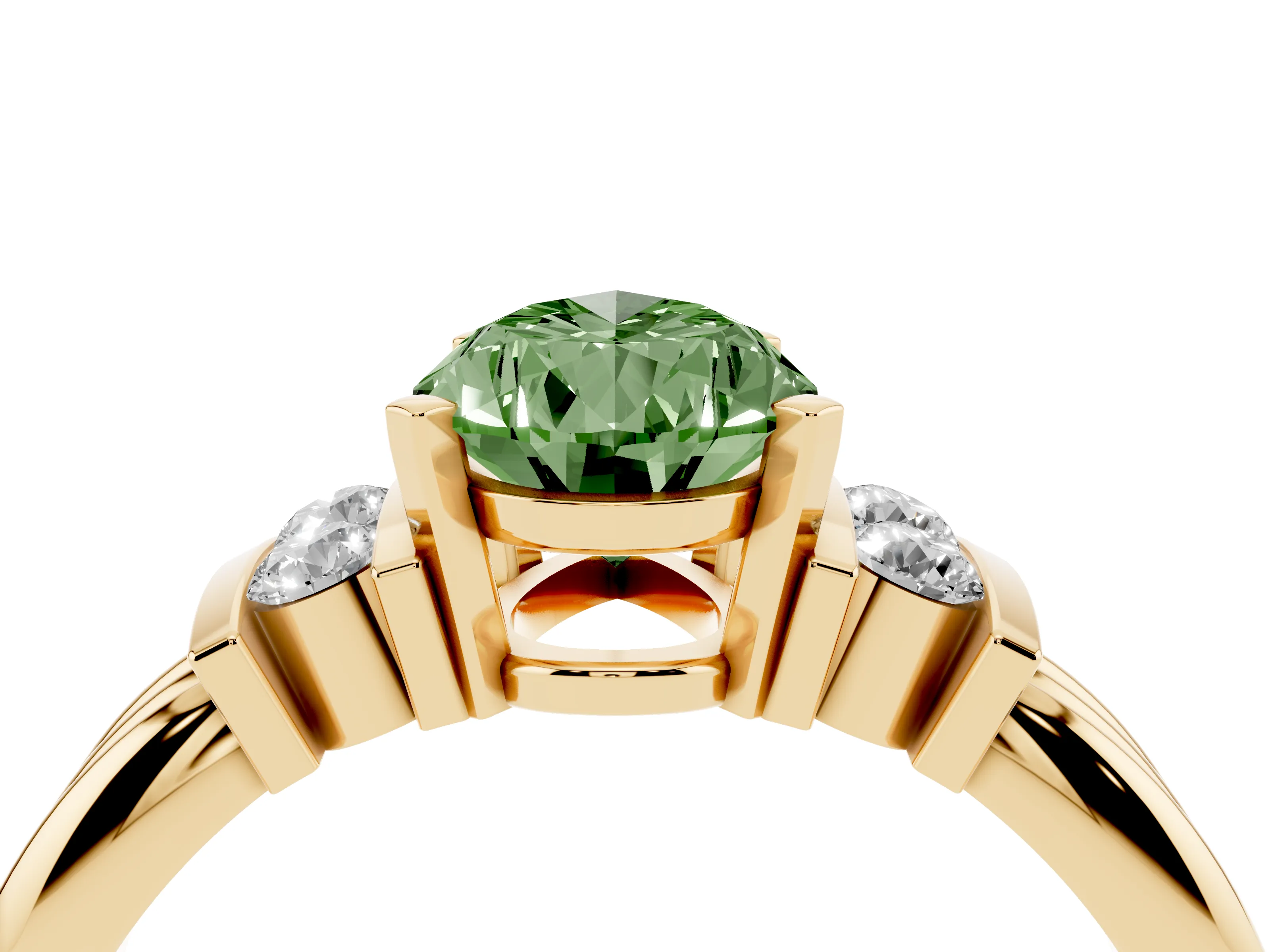Fancy Green Three-Stone Pear Cut Diamond Channel Set Ring Set in Yellow gold with Bar Prongs