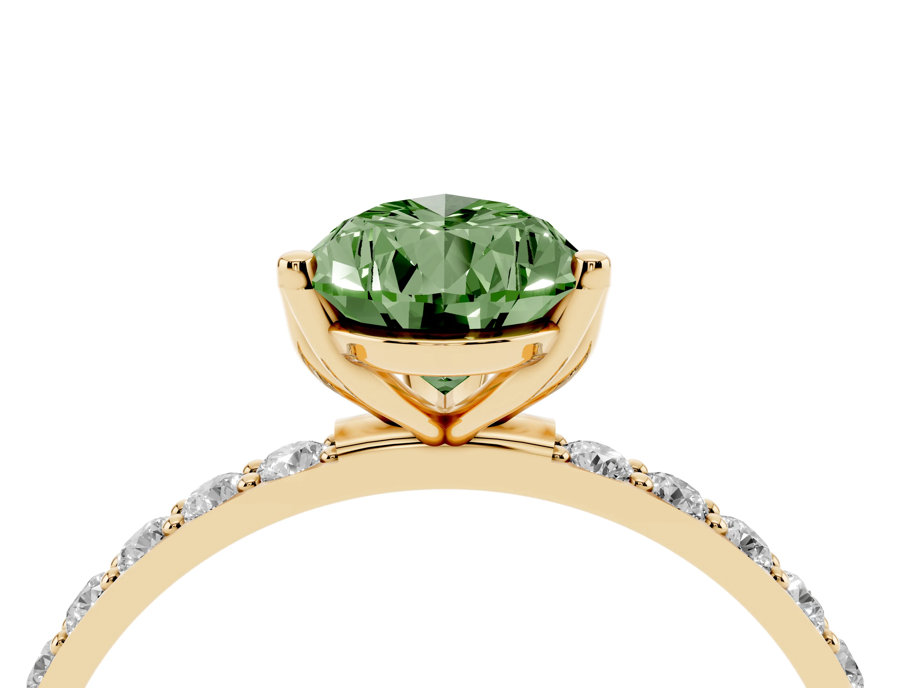 Fancy Green Pear Cut Diamond Solitaire Engagement Ring Set in Yellow gold with Round Pavé Band and Prong Setting