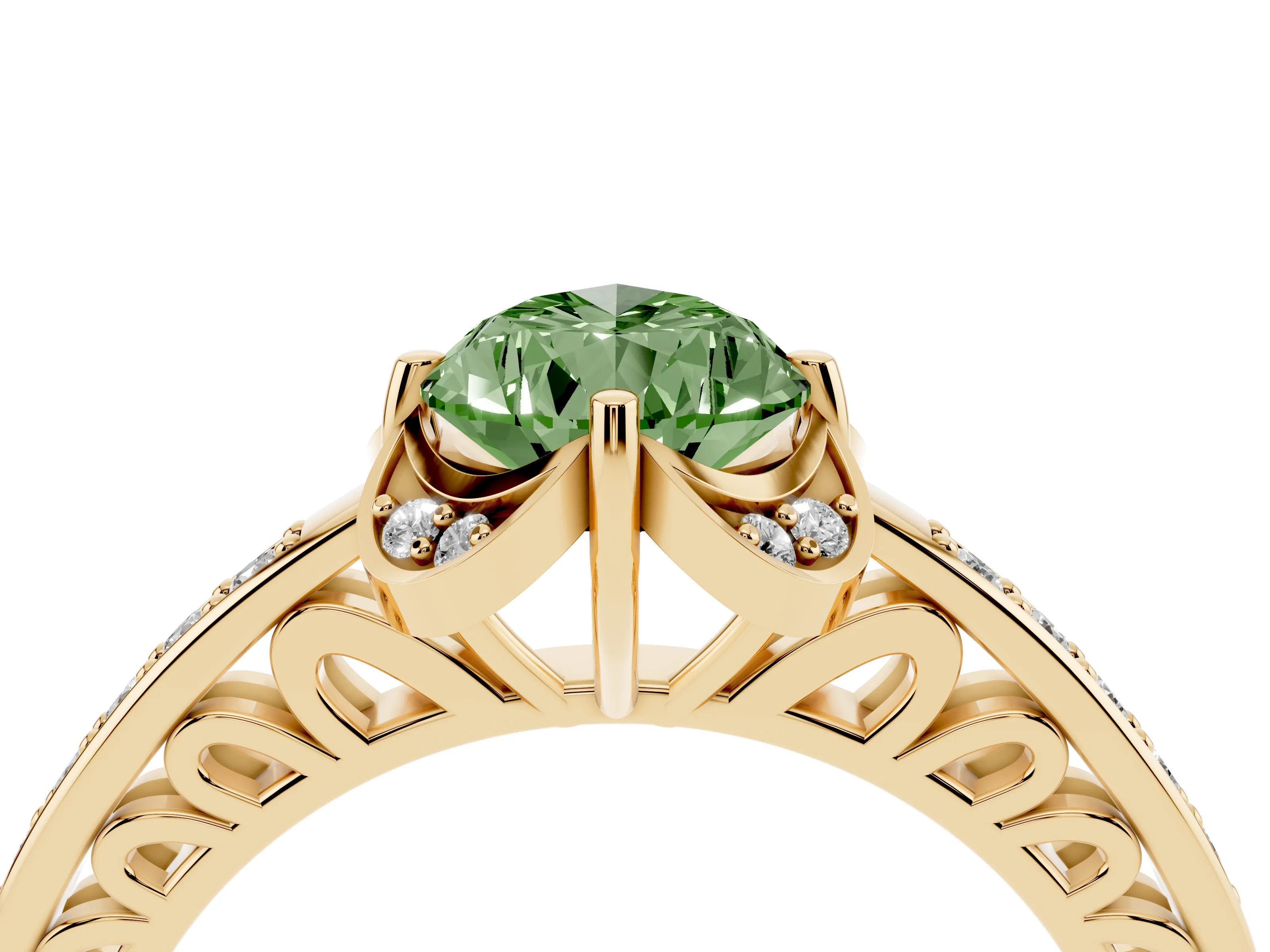 Fancy Green Pear Cut Diamond Halo Ring Set in Yellow gold with Channel Set Band and Prong Setting
