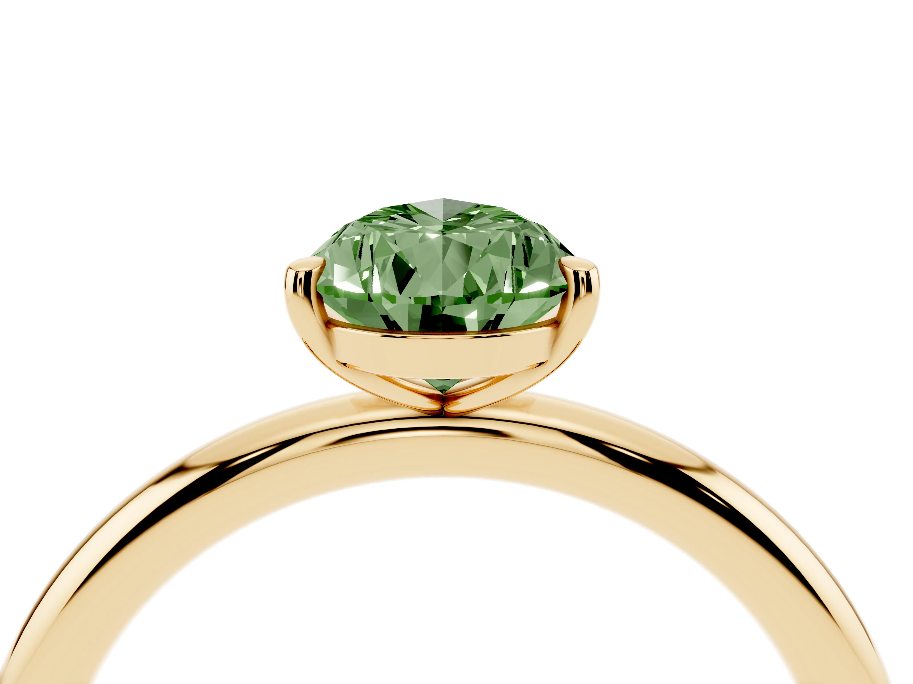 Fancy Green Pear Cut Diamond Solitaire Ring Set in Yellow gold with Prong Setting on a Polished Plain Band