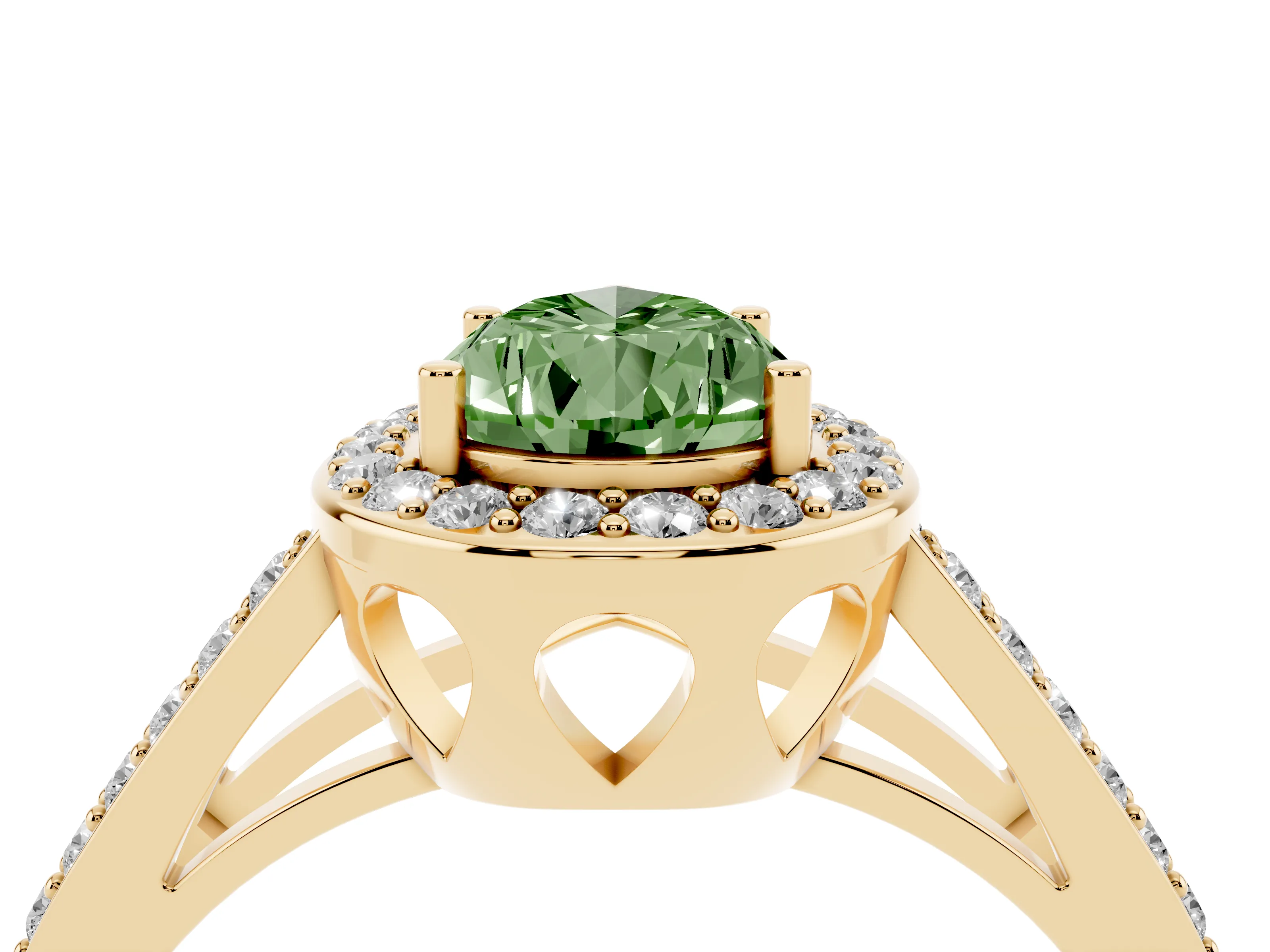 Fancy Green Pear Cut Diamond Halo Ring Set in Yellow gold with U-Prong Split Shank and Prong Setting