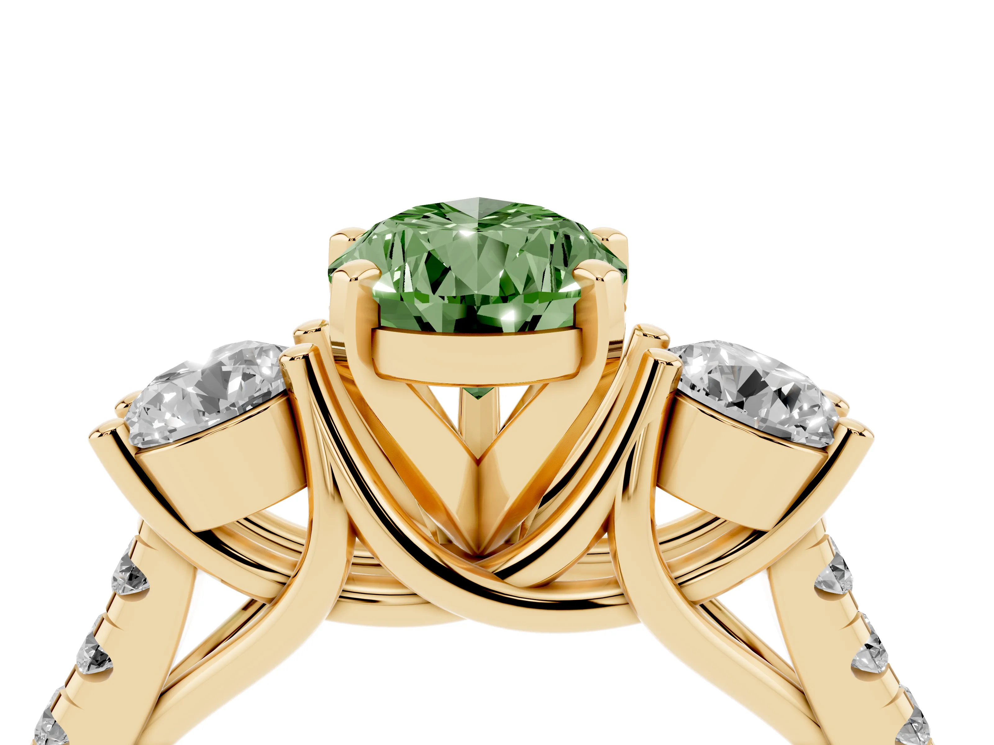 Fancy Green Three-Stone Pear Cut Diamond Pavé Band Ring Set in Yellow gold with Prong-Set Trio