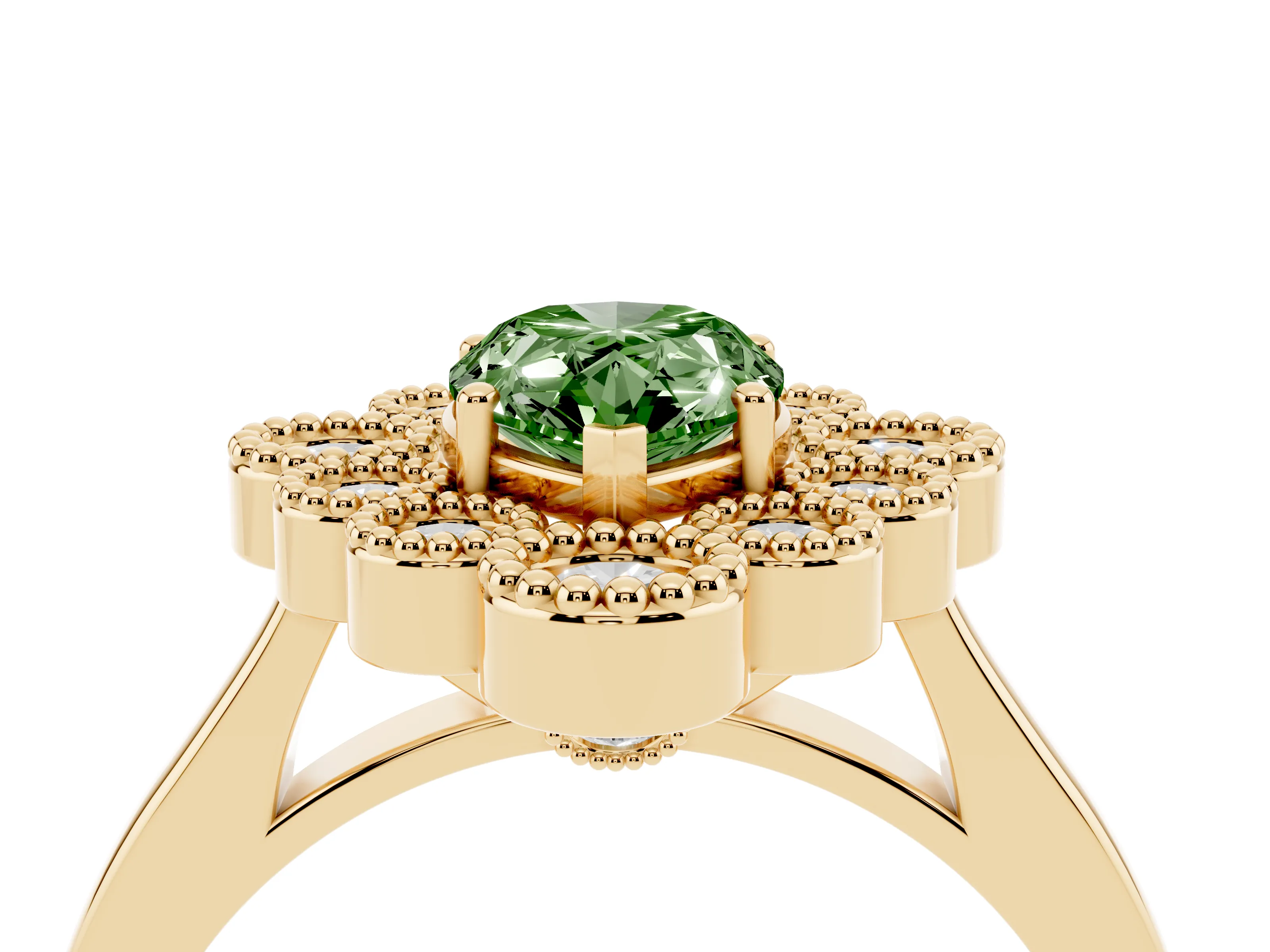 Fancy Green Pear Cut Diamond Cluster Halo Ring Set in Yellow gold with Milgrain Bezel Accents and Plain Band