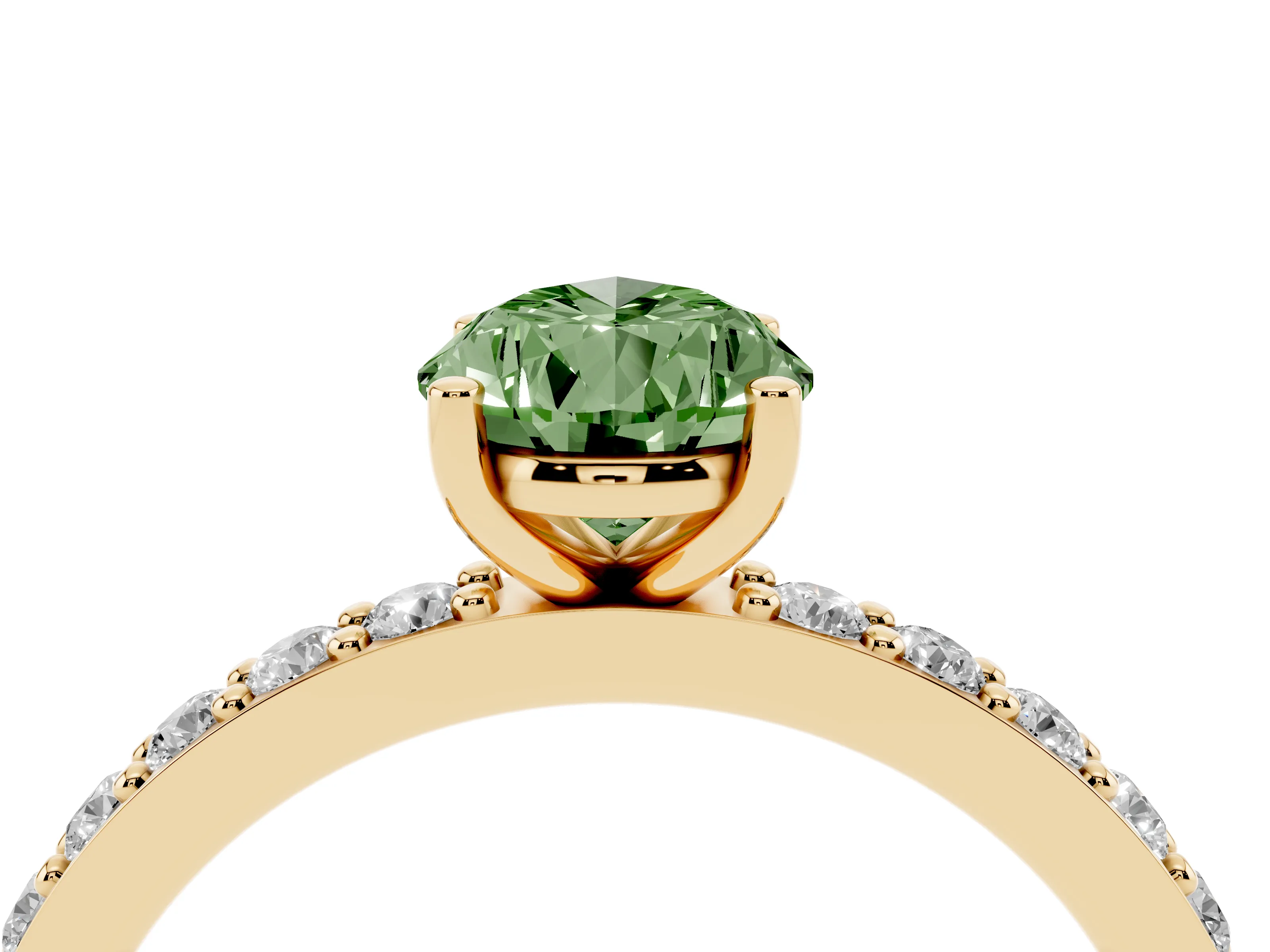 Fancy Green Pear Cut Diamond Solitaire Set in Yellow gold with Round Pavé Band and Prong Setting