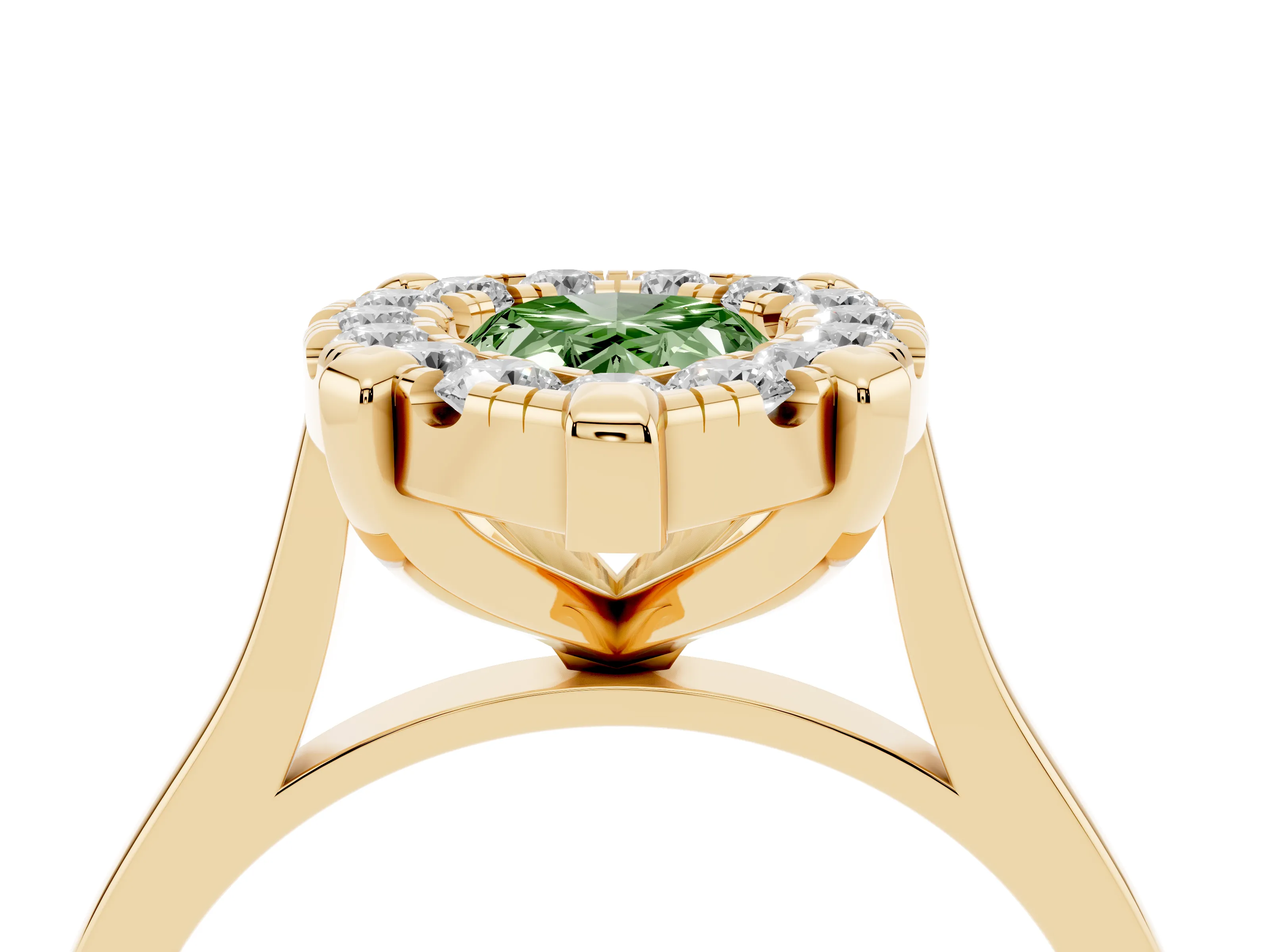 Fancy Green Pear Cut Diamond Cluster Halo Solitaire Ring Set in Yellow gold with Prong Setting
