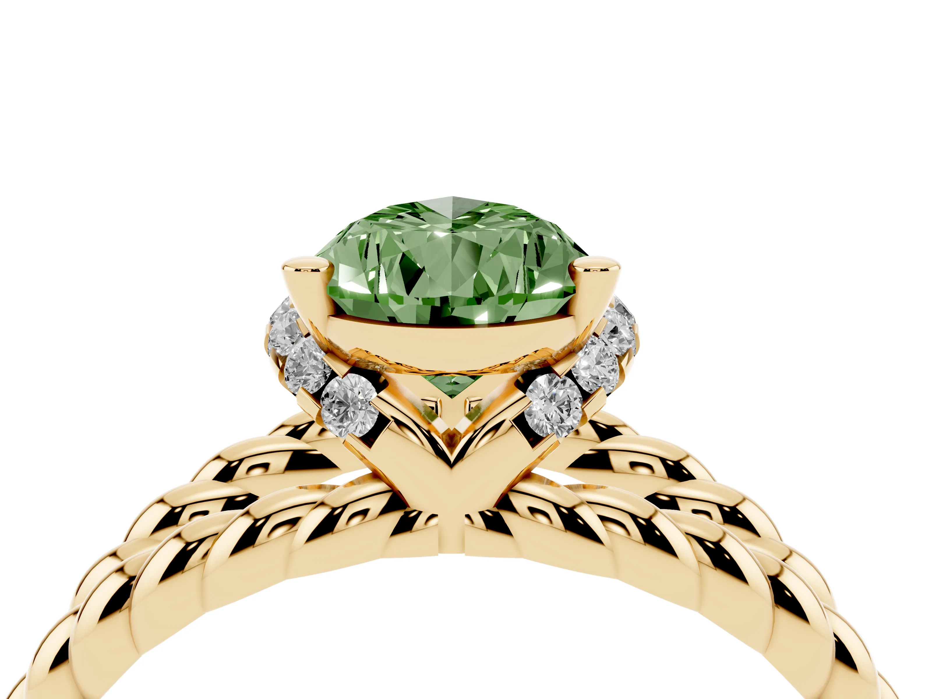 Fancy Green Pear Cut Diamond Halo Ring Set in Yellow gold with Twisted Band and Prong Setting