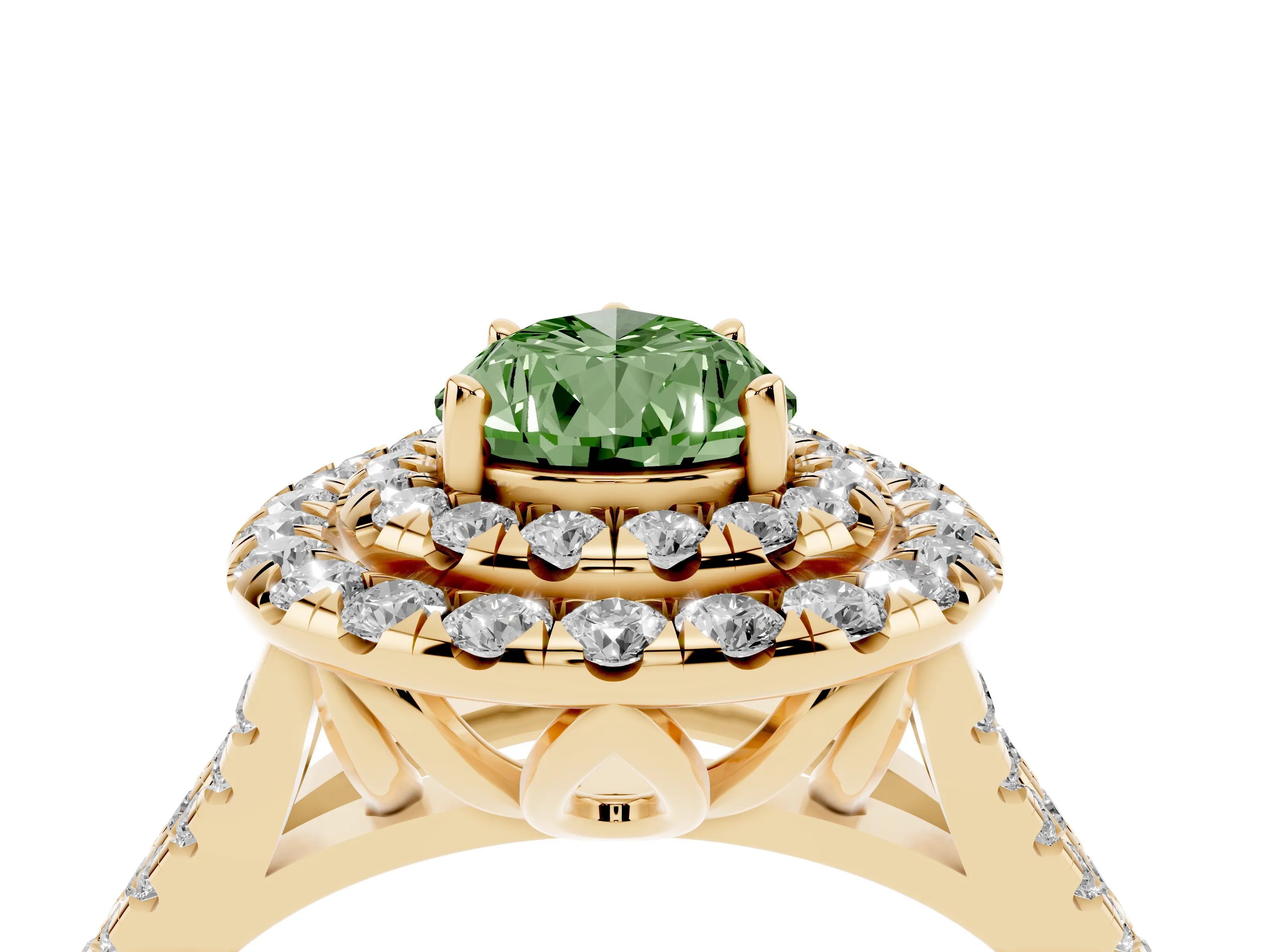 Fancy Green Pear Cut Diamond Double Halo Ring Set in Yellow gold with Pavé Split Shank and Prong Setting