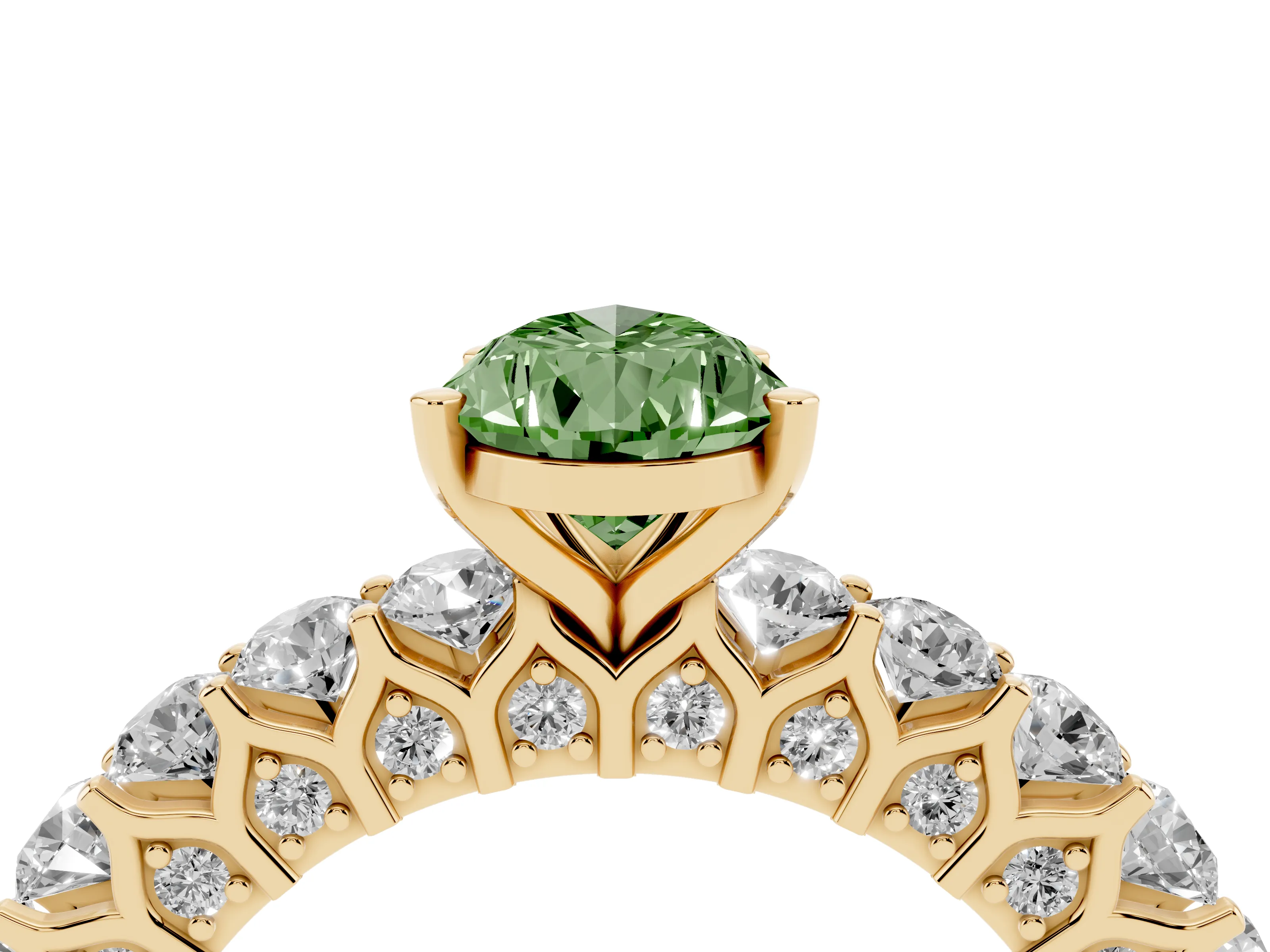 Fancy Green Pear Cut Diamond Solitaire Ring Set in Yellow gold with Shared Prong Pavé Band