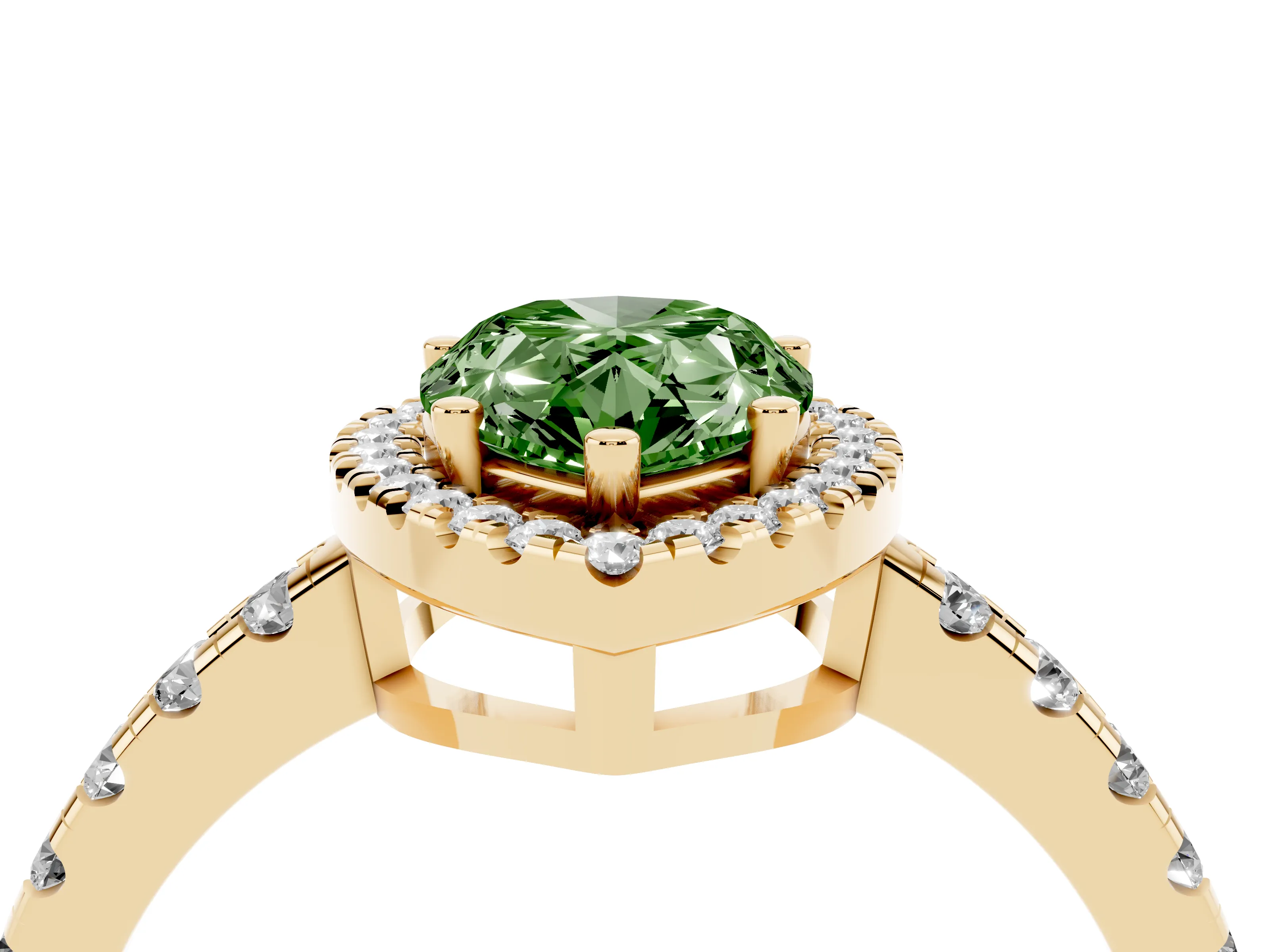 Fancy Green Pear Cut Diamond Halo Ring Set in Yellow gold with Delicate Pavé Band and Prong Setting