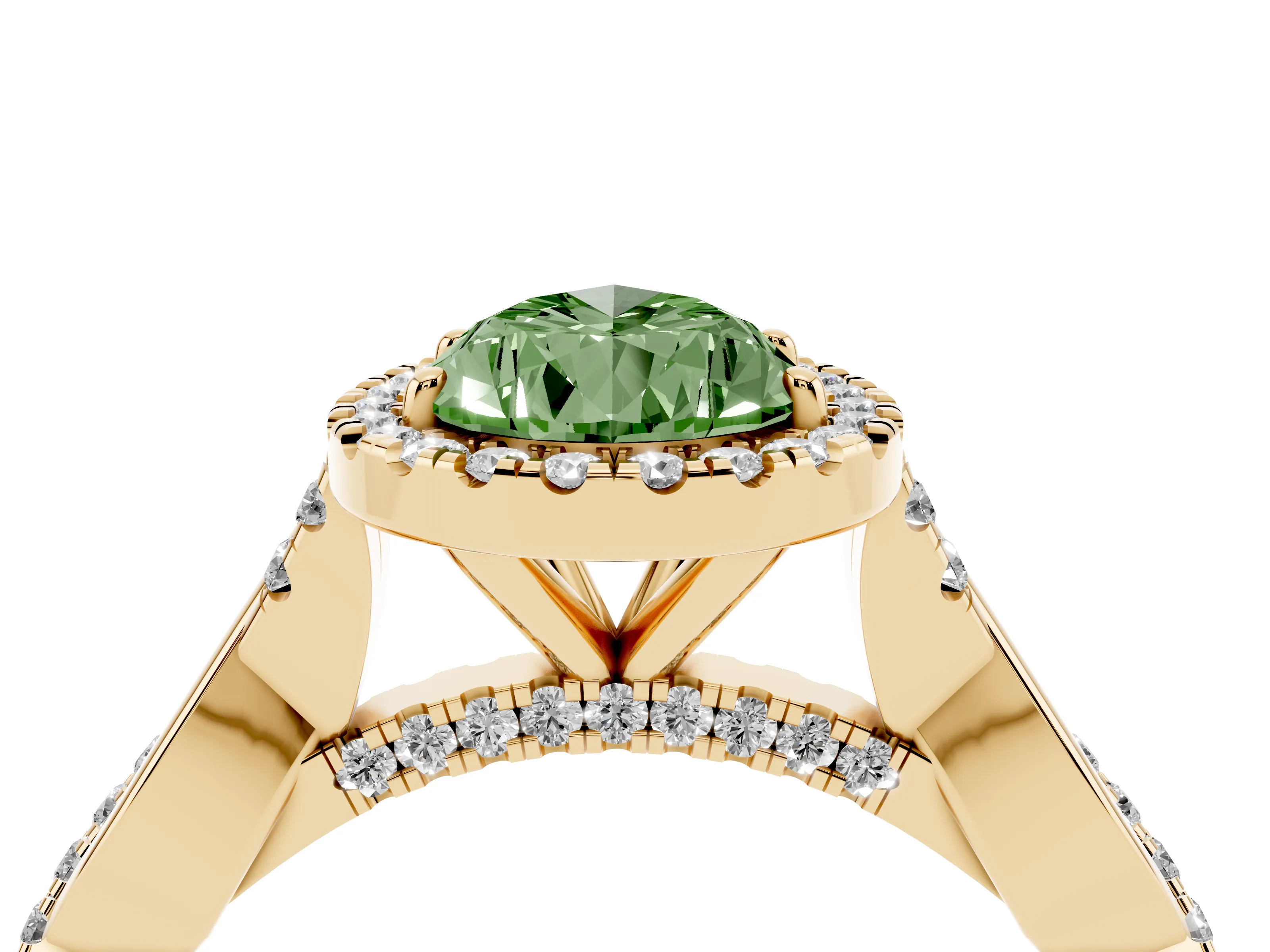 Fancy Green Pear Cut Diamond Halo Twist Band Solitaire Ring Set in Yellow gold with Prong Setting