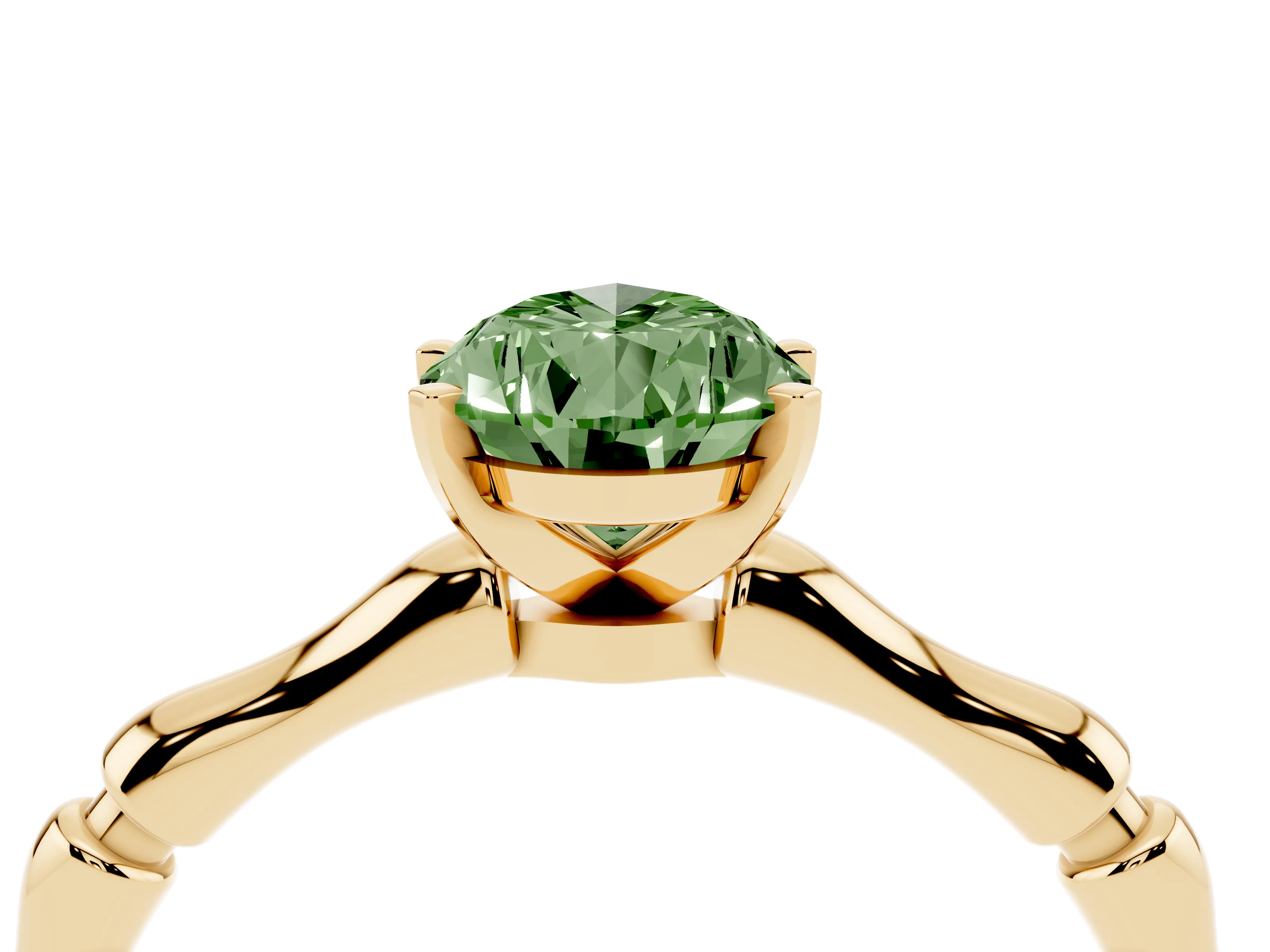 Fancy Green Pear Cut Diamond Solitaire Ring Set in Yellow gold with Bamboo Band and Prong Setting