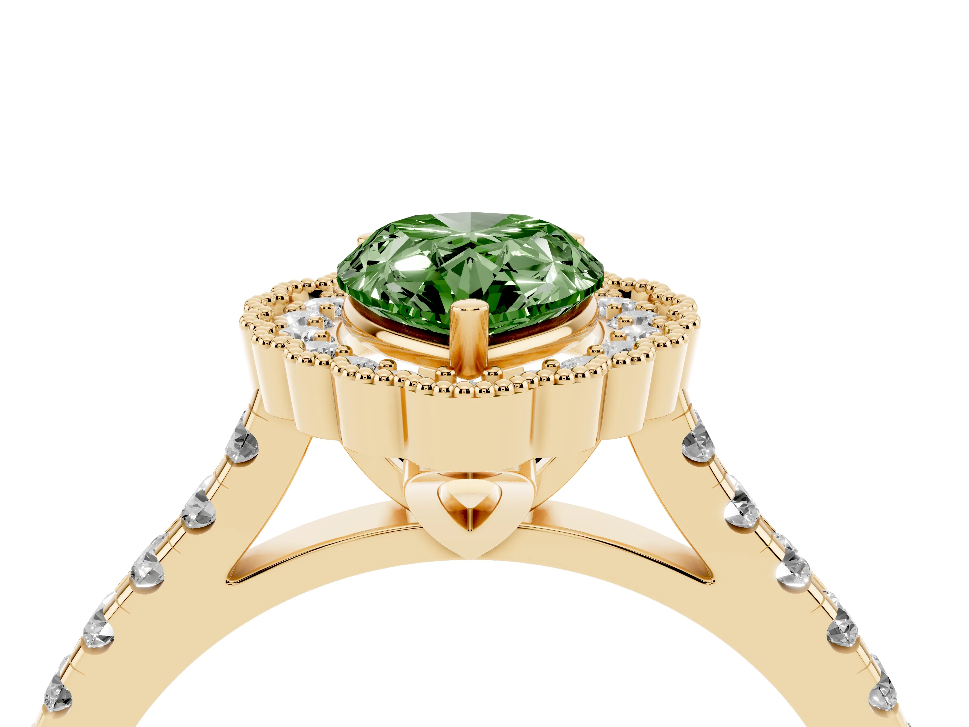Fancy Green Pear Cut Diamond Milgrain Floral Halo Engagement Ring Set in Yellow gold with Pavé Band