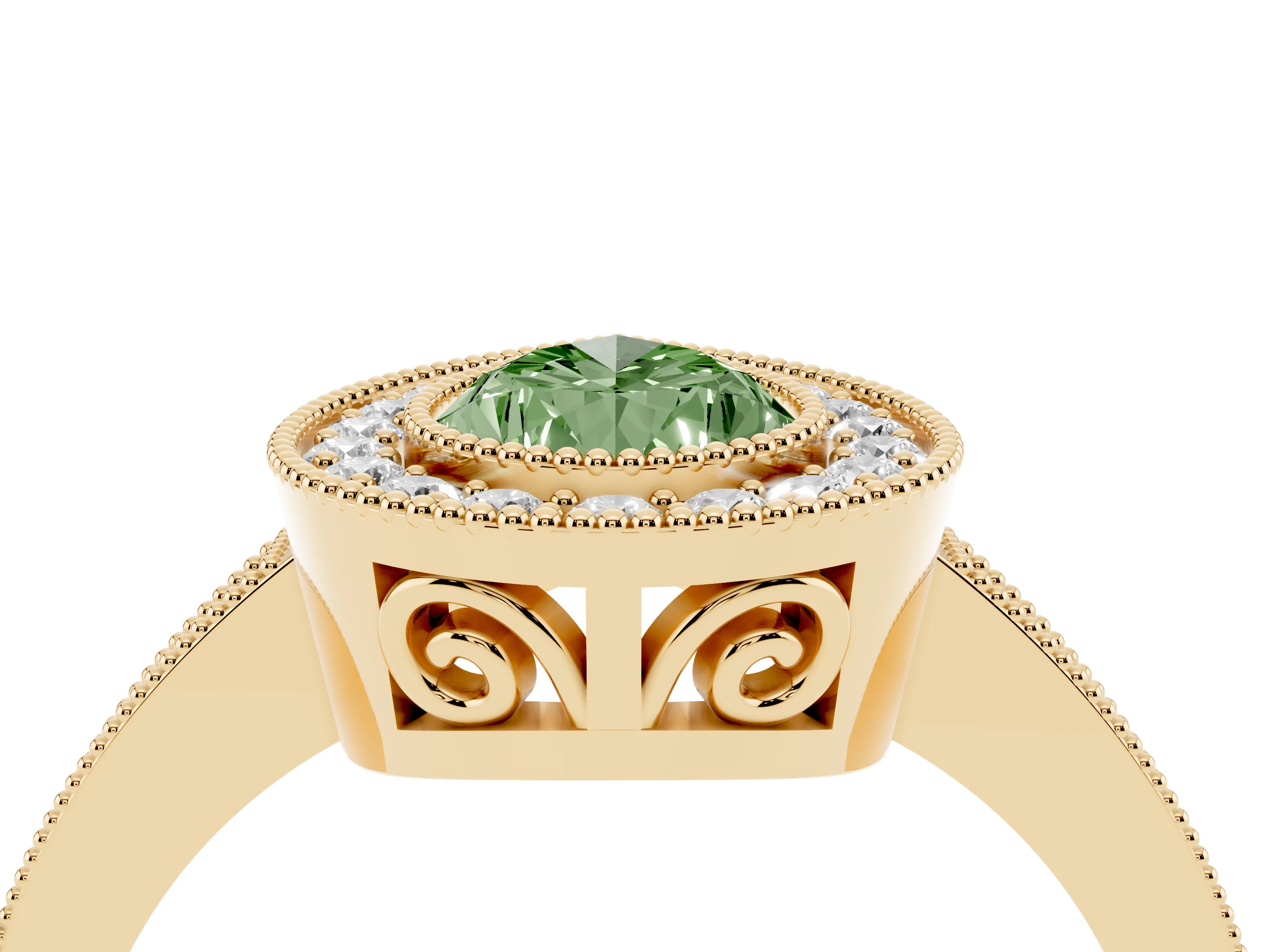Fancy Green Pear Cut Diamond Round Halo Ring Set in Yellow gold with Pavé Band