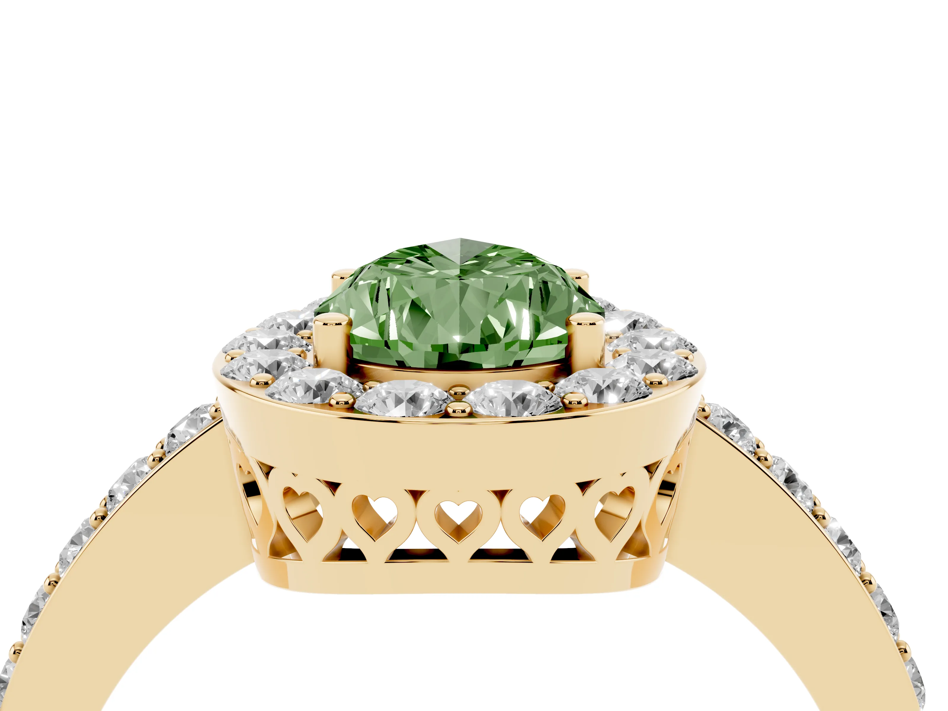 Fancy Green Pear Cut Diamond Halo Ring Set in Yellow gold with Pavé-Setting Band and Open Prong Center
