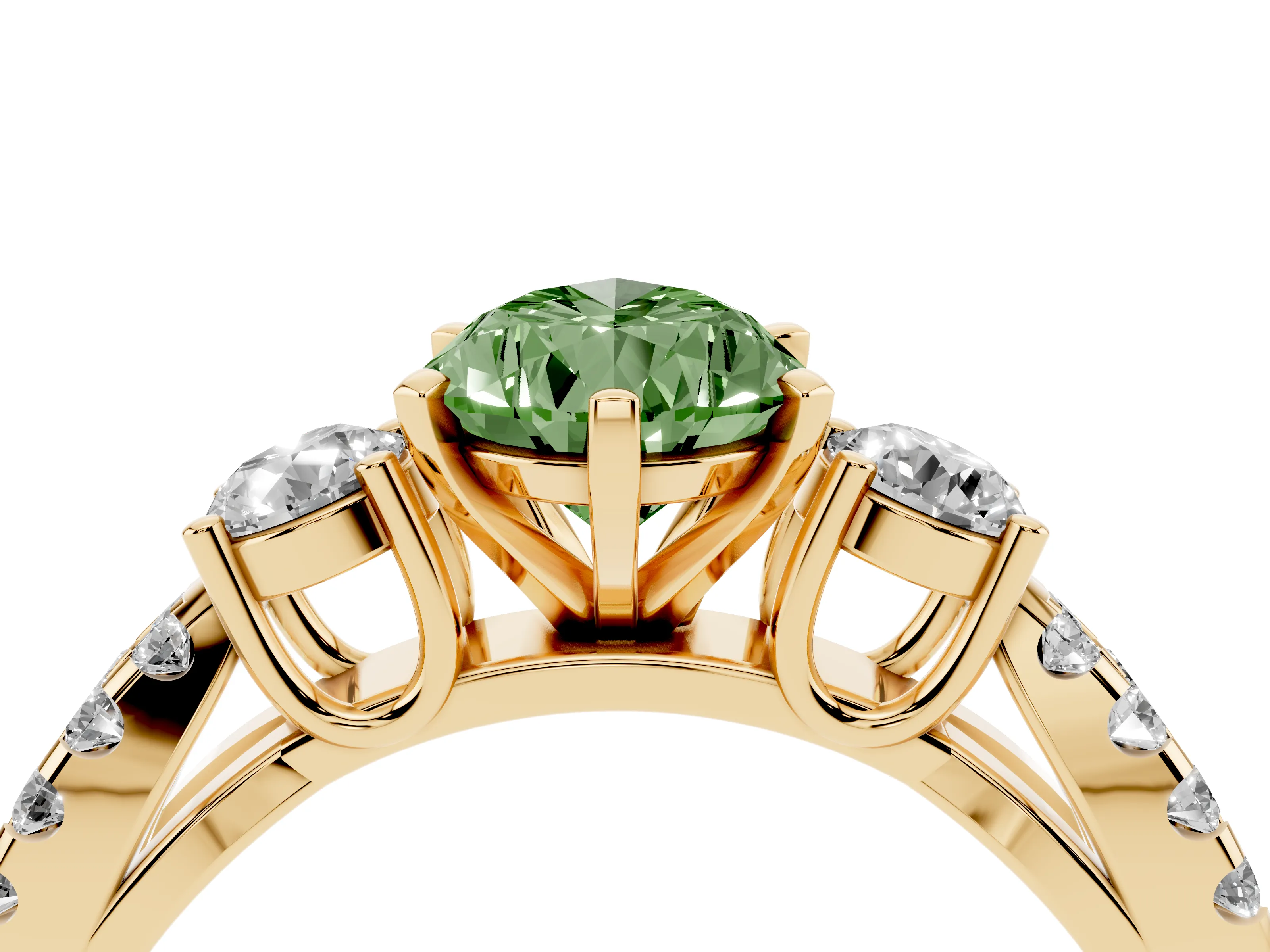 Fancy Green Pear Cut Diamond Three-Stone Ring Set in Yellow gold with Pavé Split Shank and Prong Setting