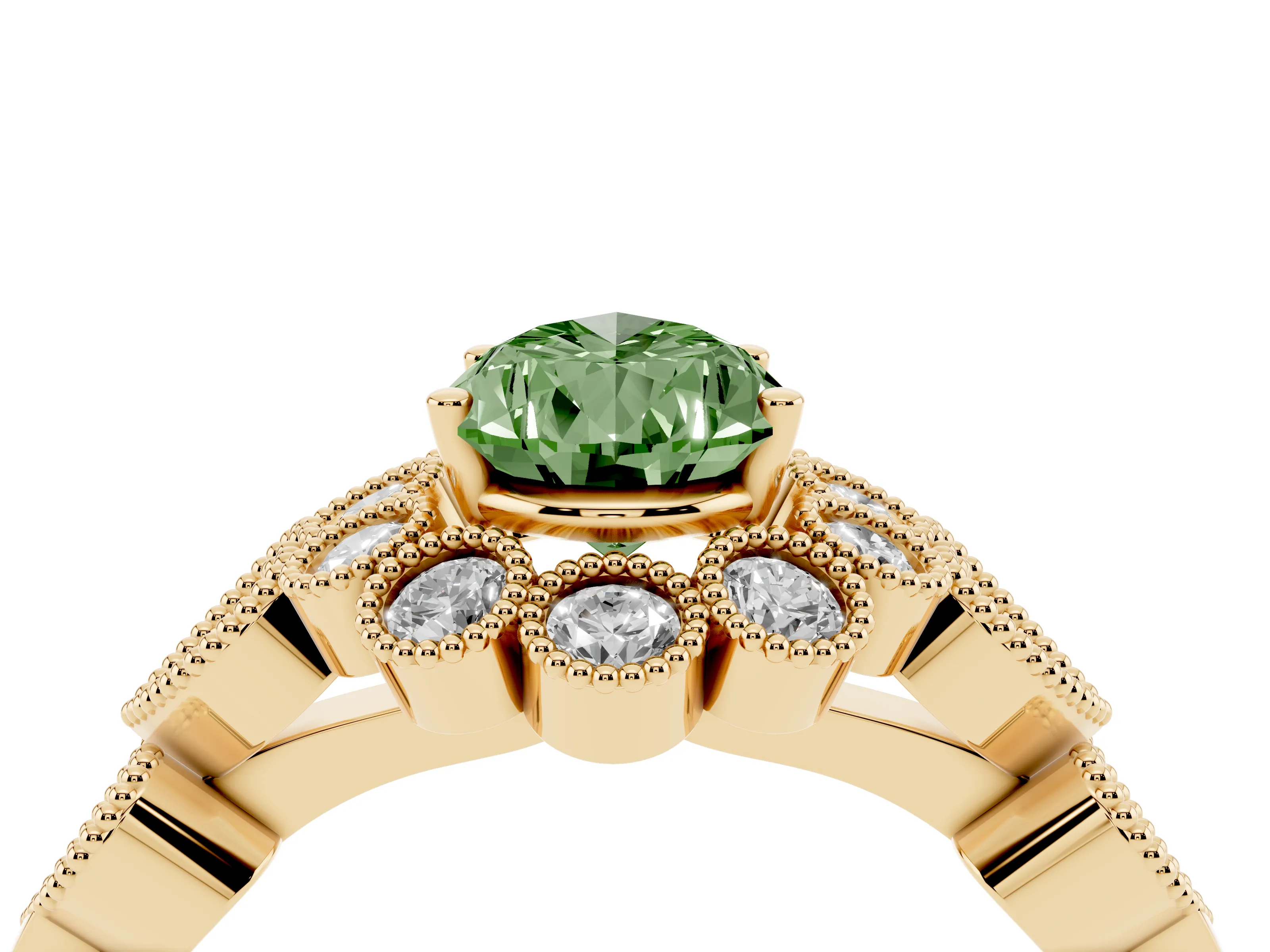 Fancy Green Pear Cut Diamond Solitaire Ring Set in Yellow gold with Milgrain Pavé Heart Band