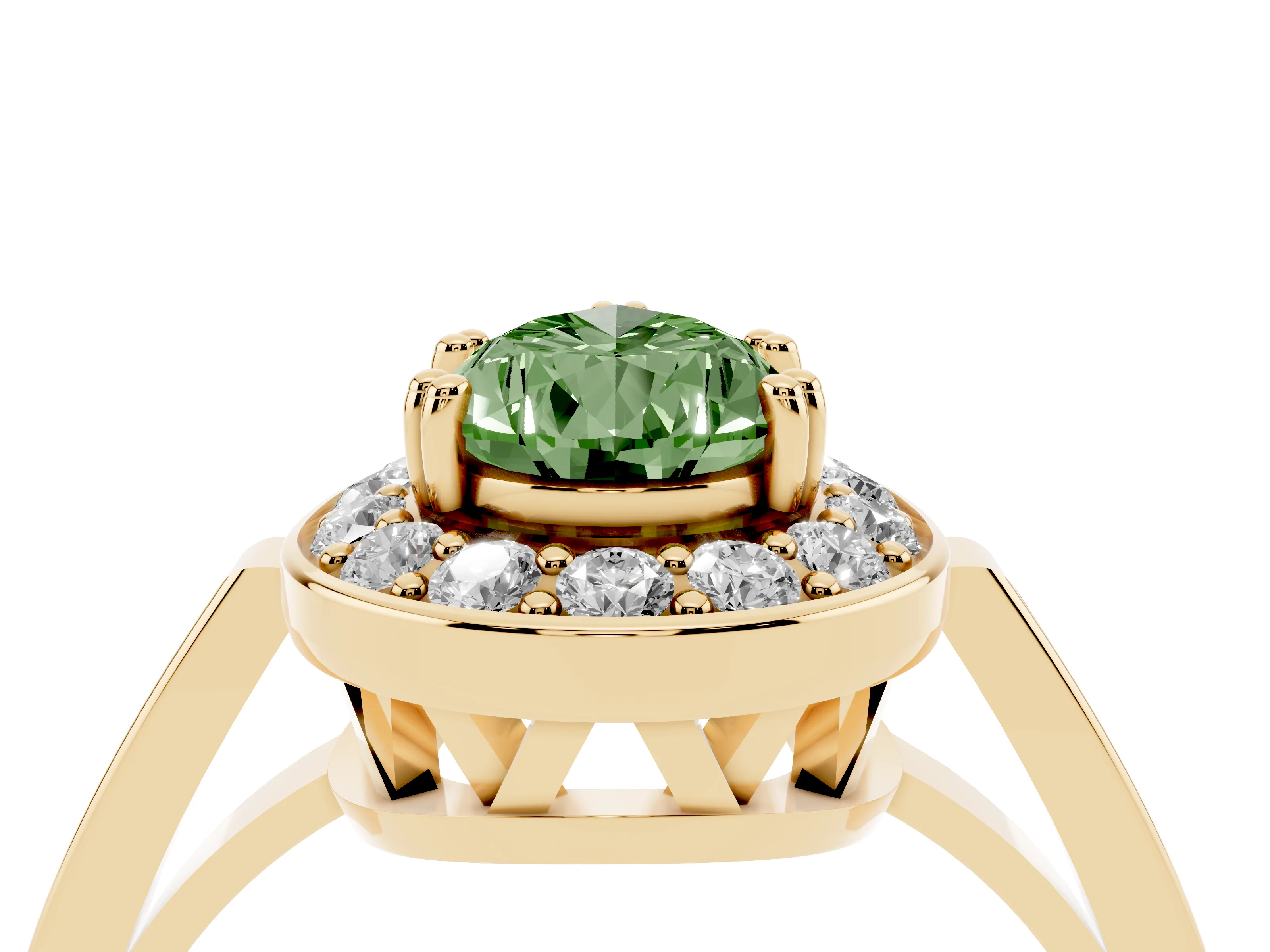Fancy Green Pear Cut Diamond Halo Ring Set in Yellow gold with Accent-Lined Split Shank and Prong Setting